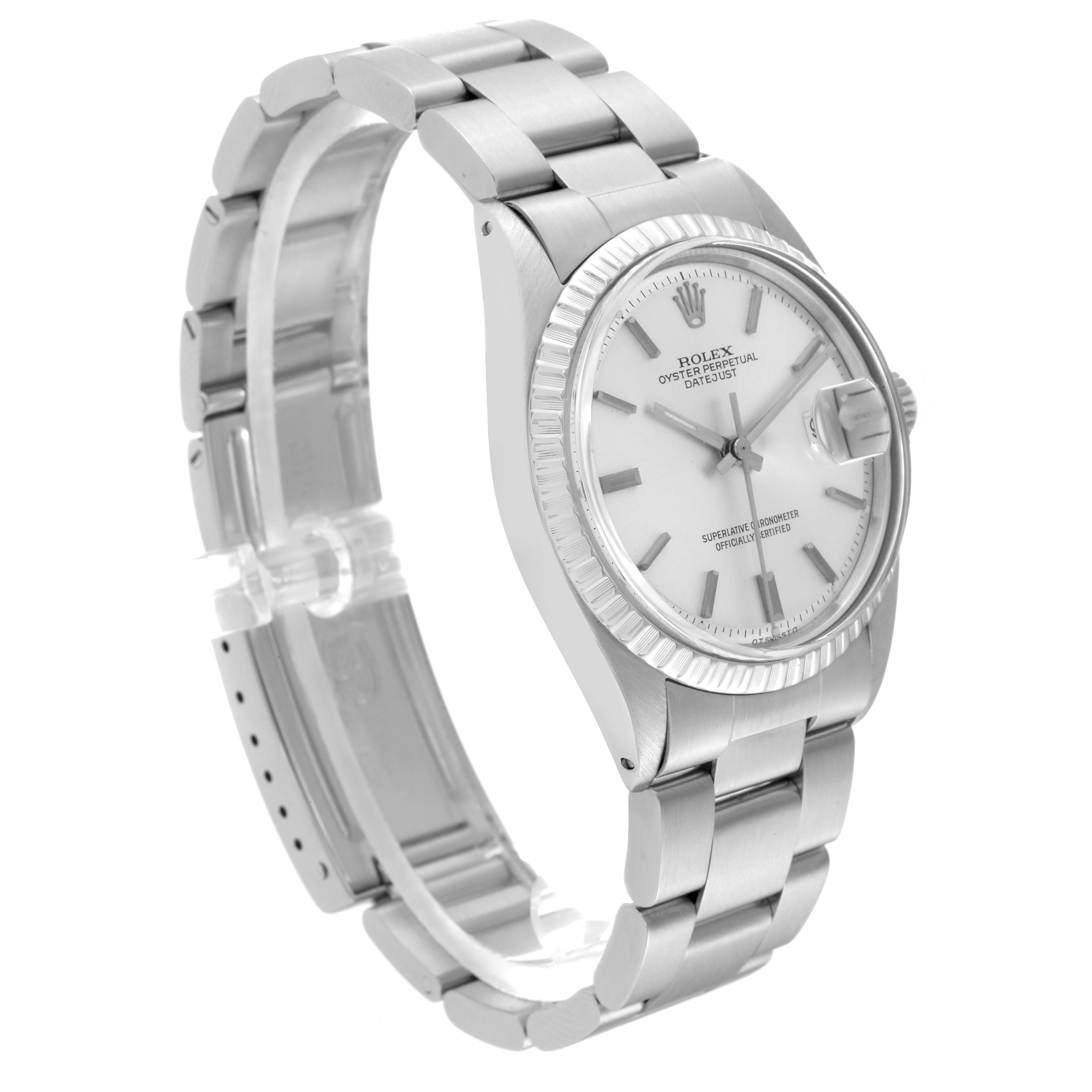 The Rolex Vintage Collection 1603 Men's Stainless Steel Silver Dial 1603 Men's Stainless Steel Silver Dial watch is shown from three-quarters angle, highlighting its dial and stainless steel bracelet.