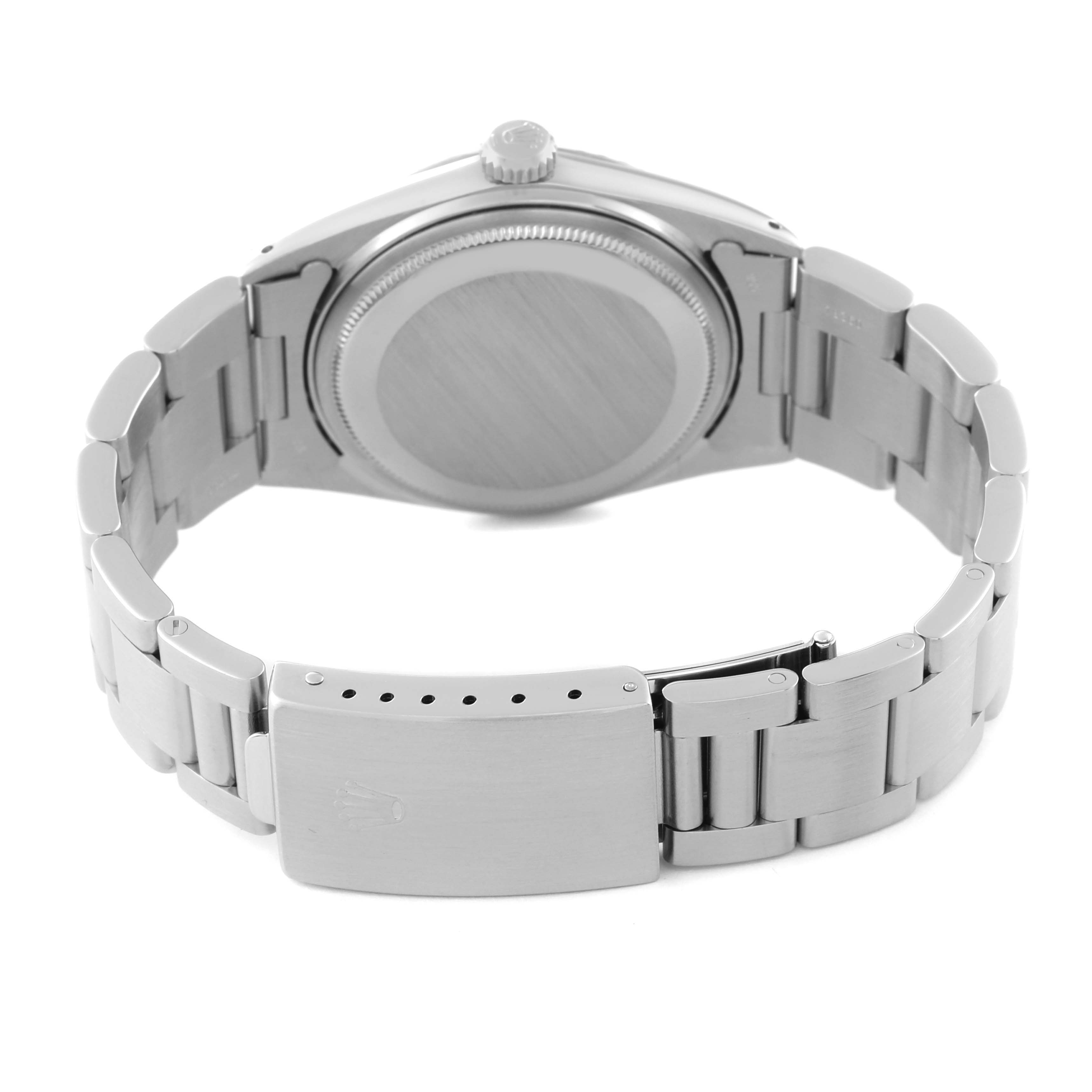 The image shows the back view of the Rolex Vintage Collection 1603 Men's Stainless Steel Silver Dial 1603 Men's Stainless Steel Silver Dial watch, including the case back and bracelet with the clasp visible.