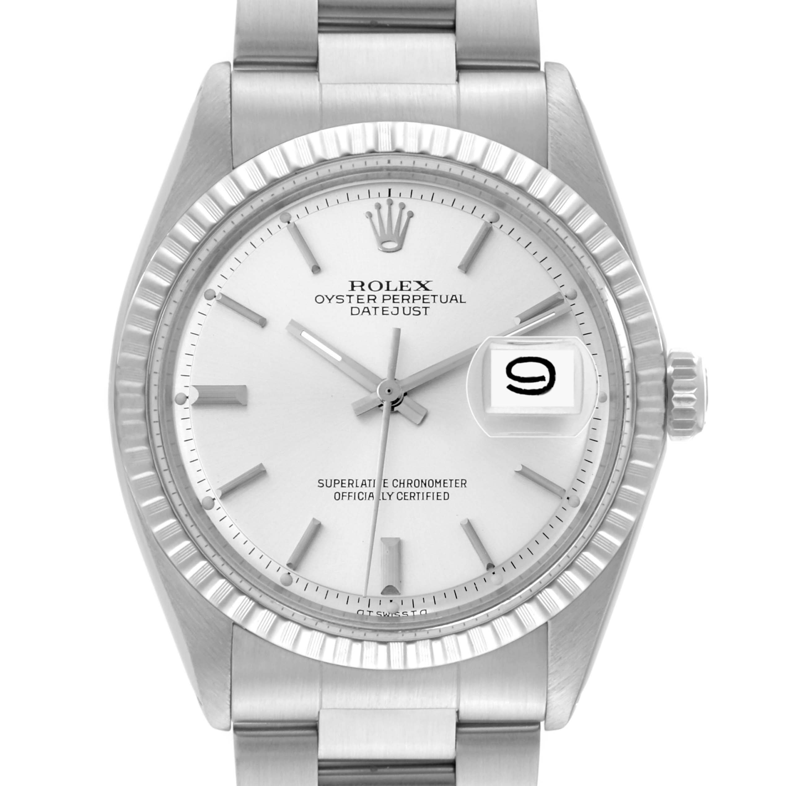 This is a front view of the Rolex Vintage Collection 1603 Men's Stainless Steel Silver Dial 1603 Men's Stainless Steel Silver Dial model showing the face, bezel, hands, markers, date window, and bracelet.