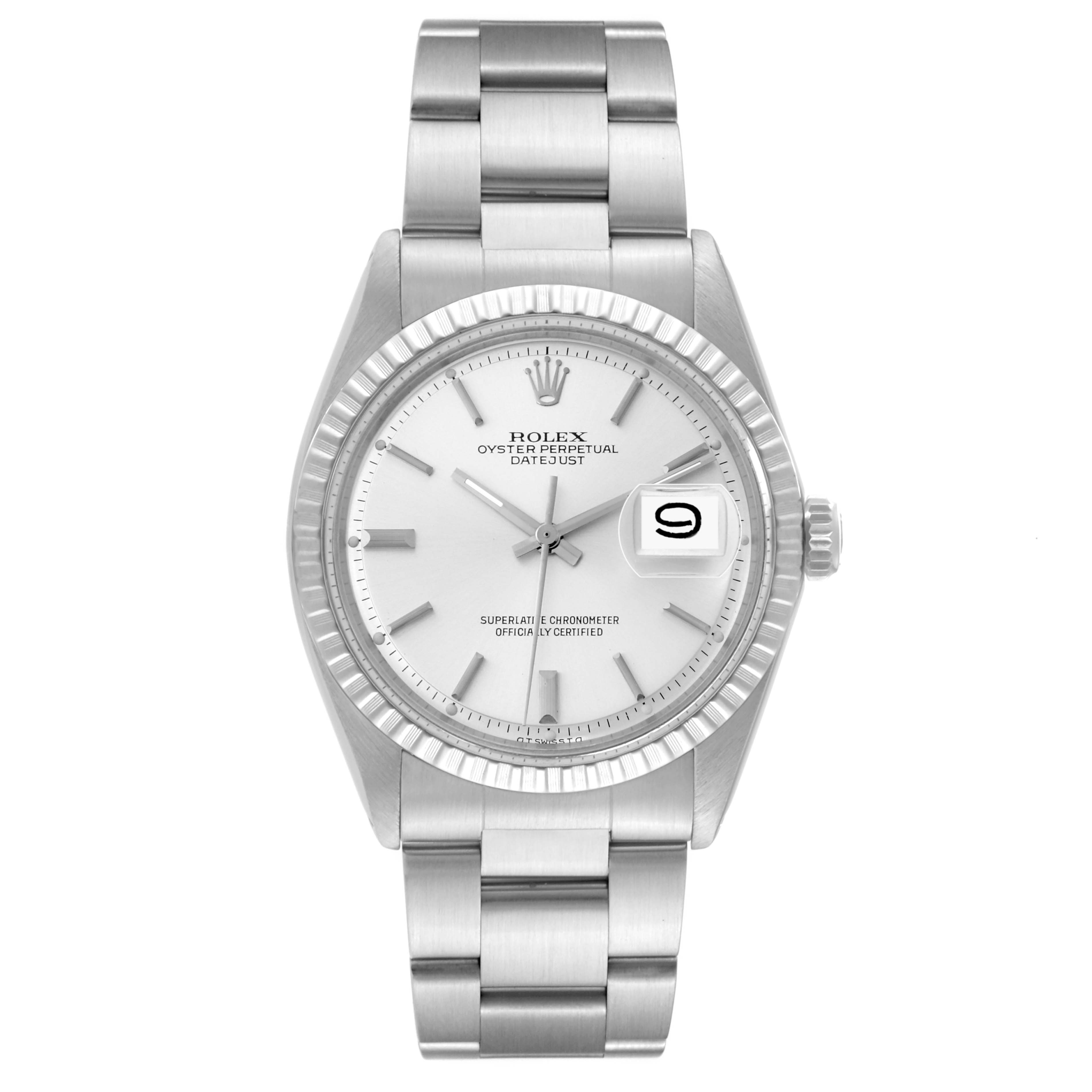 The image shows a front view of the Rolex Vintage Collection 1603 Men's Stainless Steel Silver Dial 1603 Men's Stainless Steel Silver Dial Oyster Perpetual Datejust watch, including the dial, bezel, and bracelet.