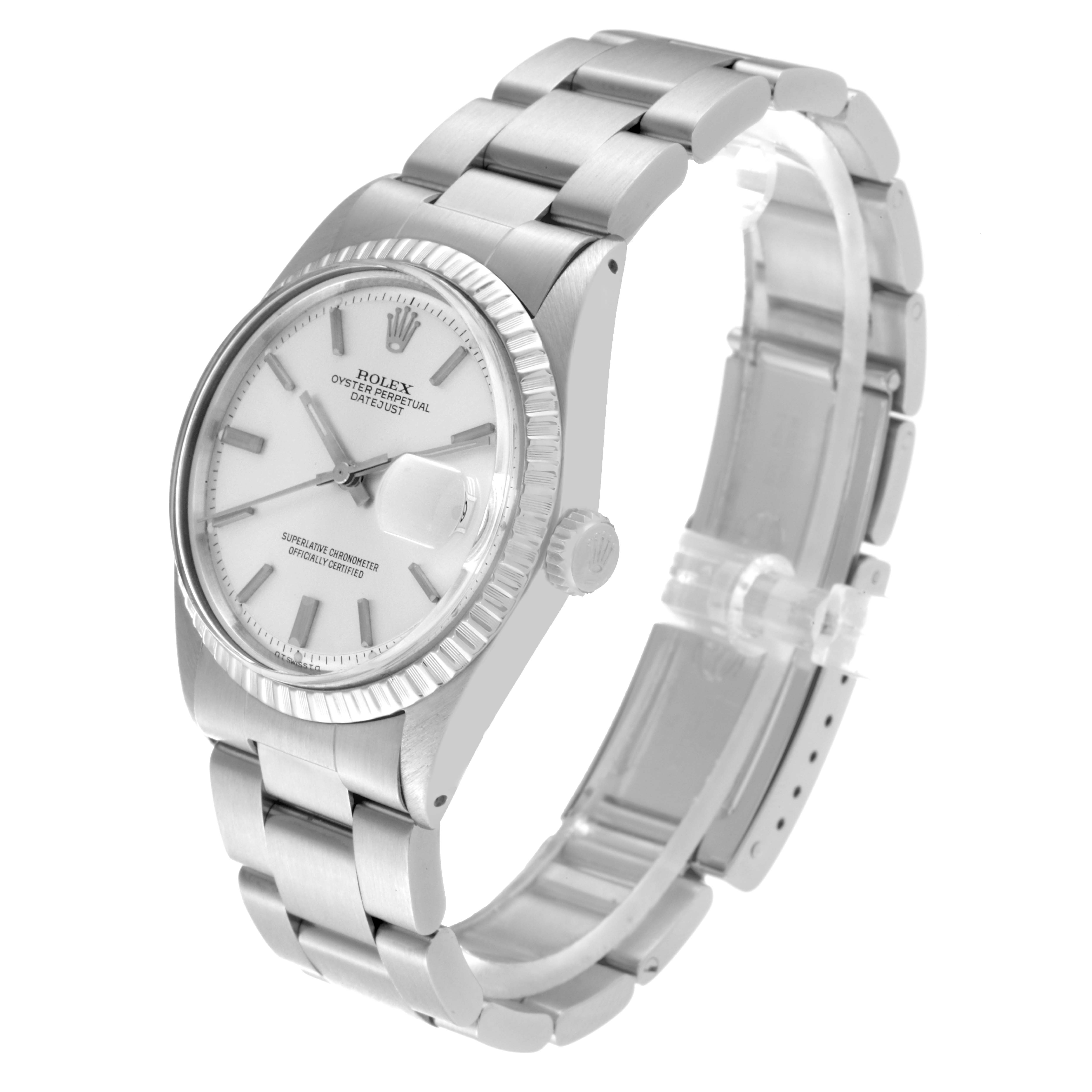 The image shows a side angle of the Rolex Vintage Collection 1603 Men's Stainless Steel Silver Dial 1603 Men's Stainless Steel Silver Dial model watch, highlighting its face, bracelet, and crown.