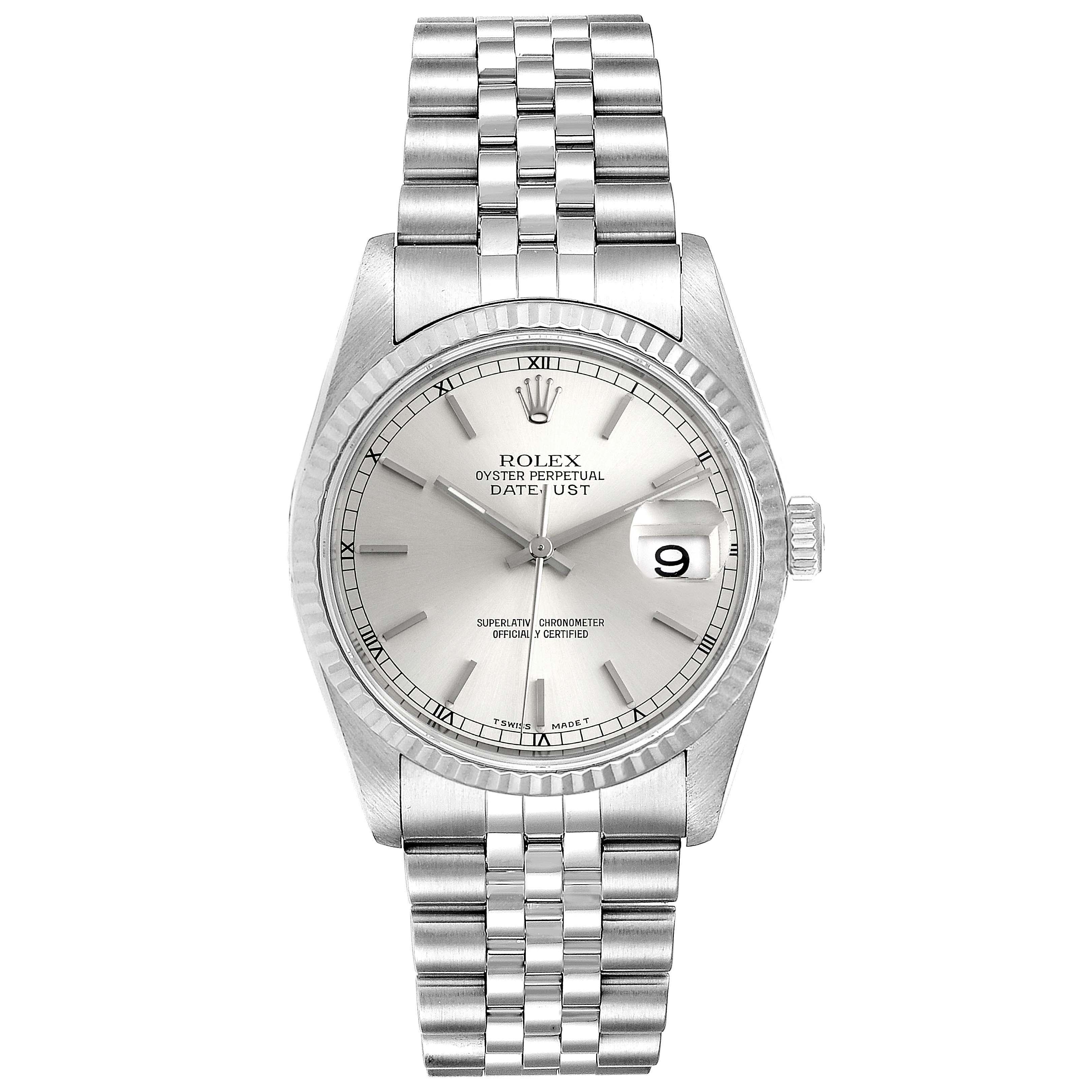 This image shows a front view of a Rolex Datejust 16234 Men's Stainless Steel Silver Dial 16234 Men's Stainless Steel Silver Dial watch, highlighting its face, dial, bracelet, and crown.