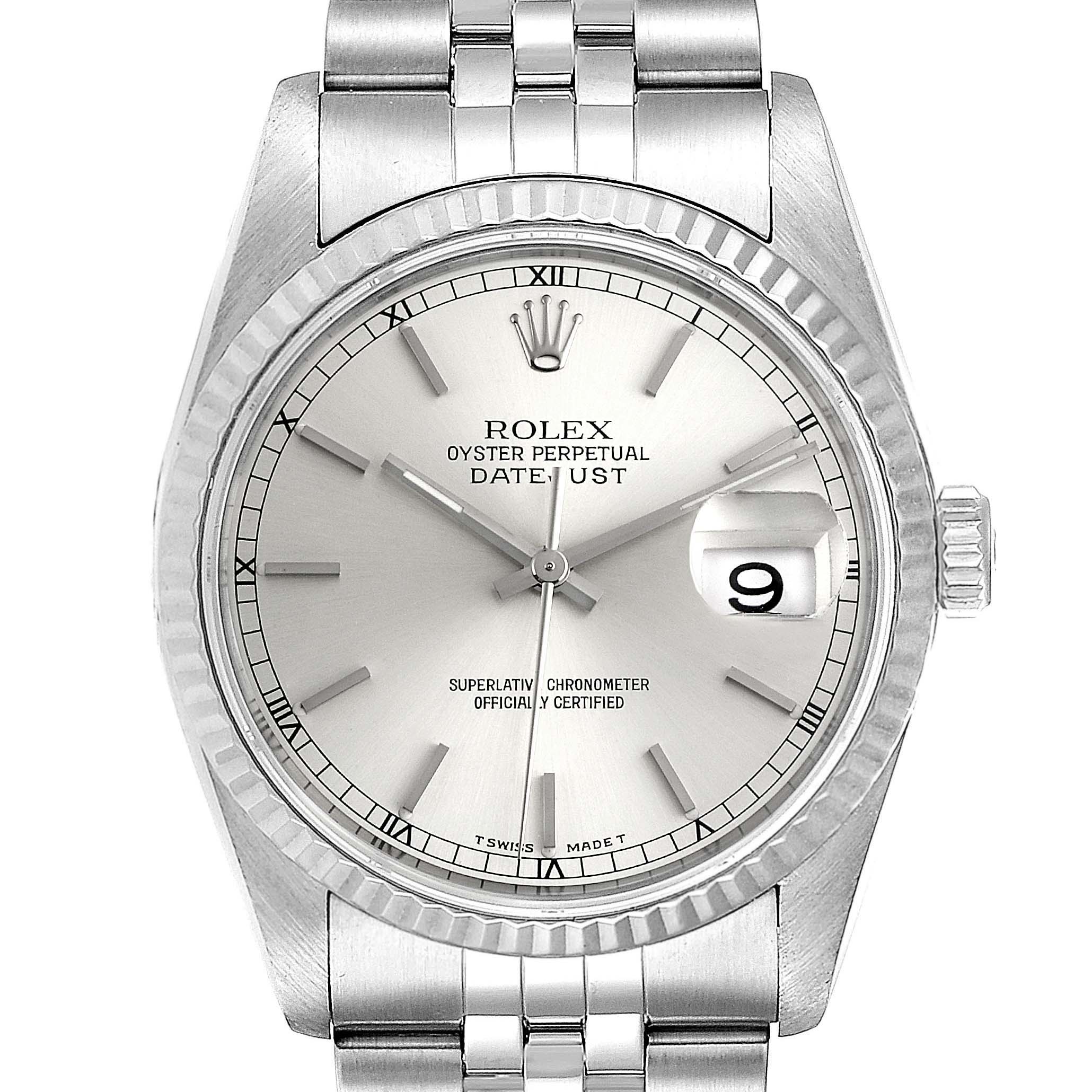 This image shows the Rolex Datejust 16234 Men's Stainless Steel Silver Dial 16234 Men's Stainless Steel Silver Dial watch from a front angle, highlighting the dial, bezel, bracelet, and date display.