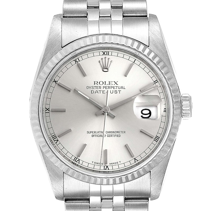 This image shows the Rolex Datejust watch from a front angle, highlighting the dial, bezel, bracelet, and date display.