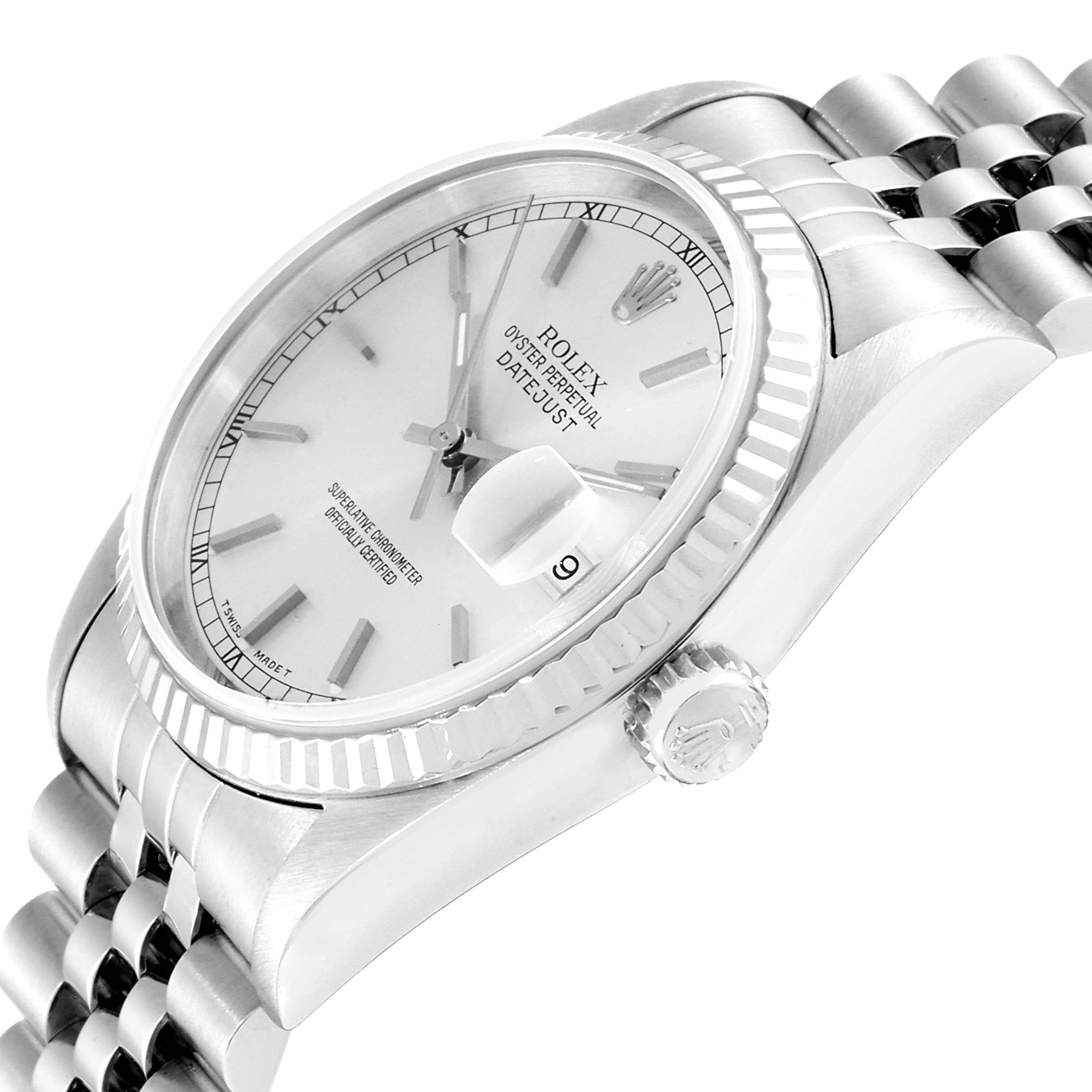 The image shows a side angle of a Rolex Datejust 16234 Men's Stainless Steel Silver Dial 16234 Men's Stainless Steel Silver Dial watch, highlighting the dial, crown, and the Jubilee bracelet.