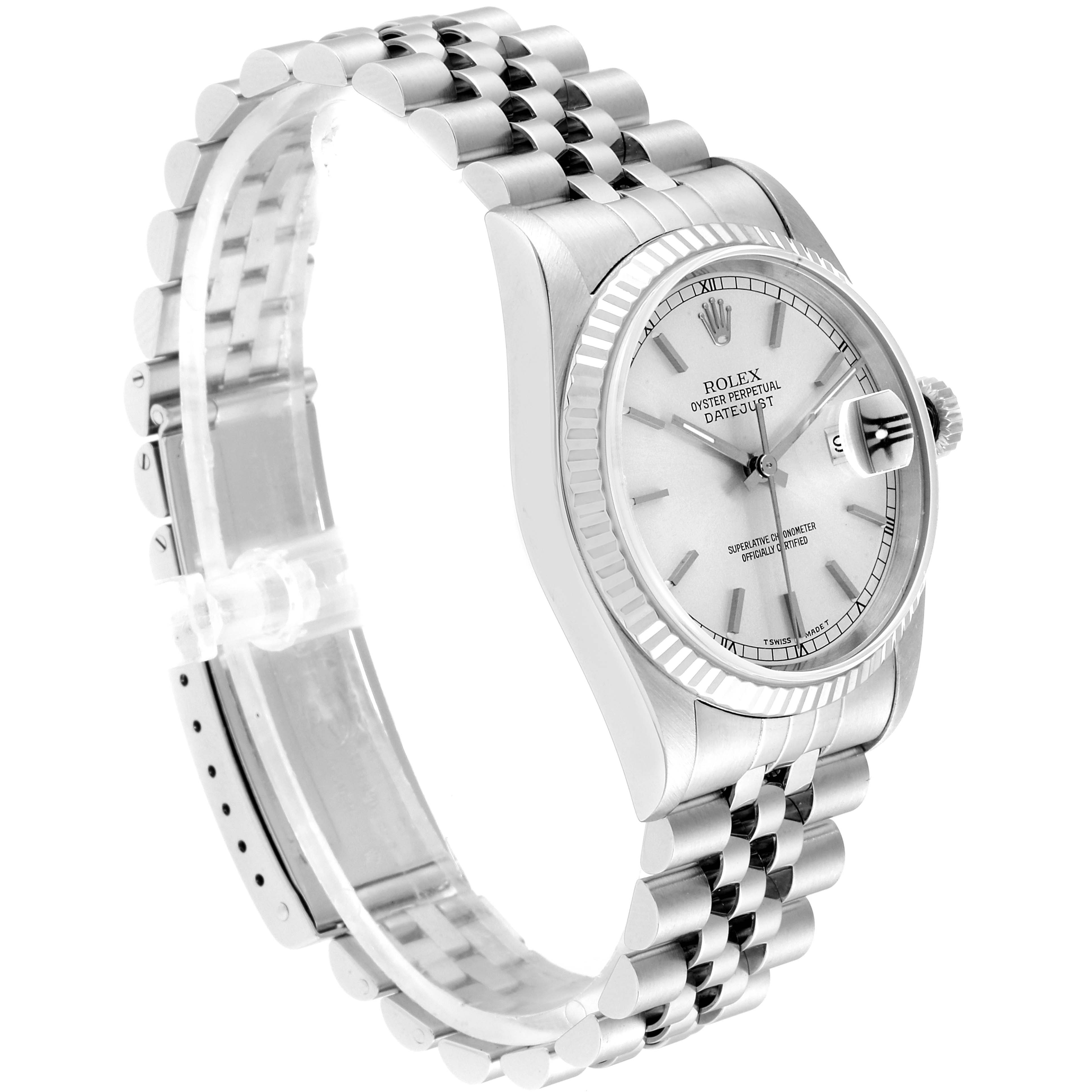 The Rolex Datejust 16234 Men's Stainless Steel Silver Dial 16234 Men's Stainless Steel Silver Dial watch is shown at a slight angle, highlighting the dial, bezel, and Jubilee bracelet.