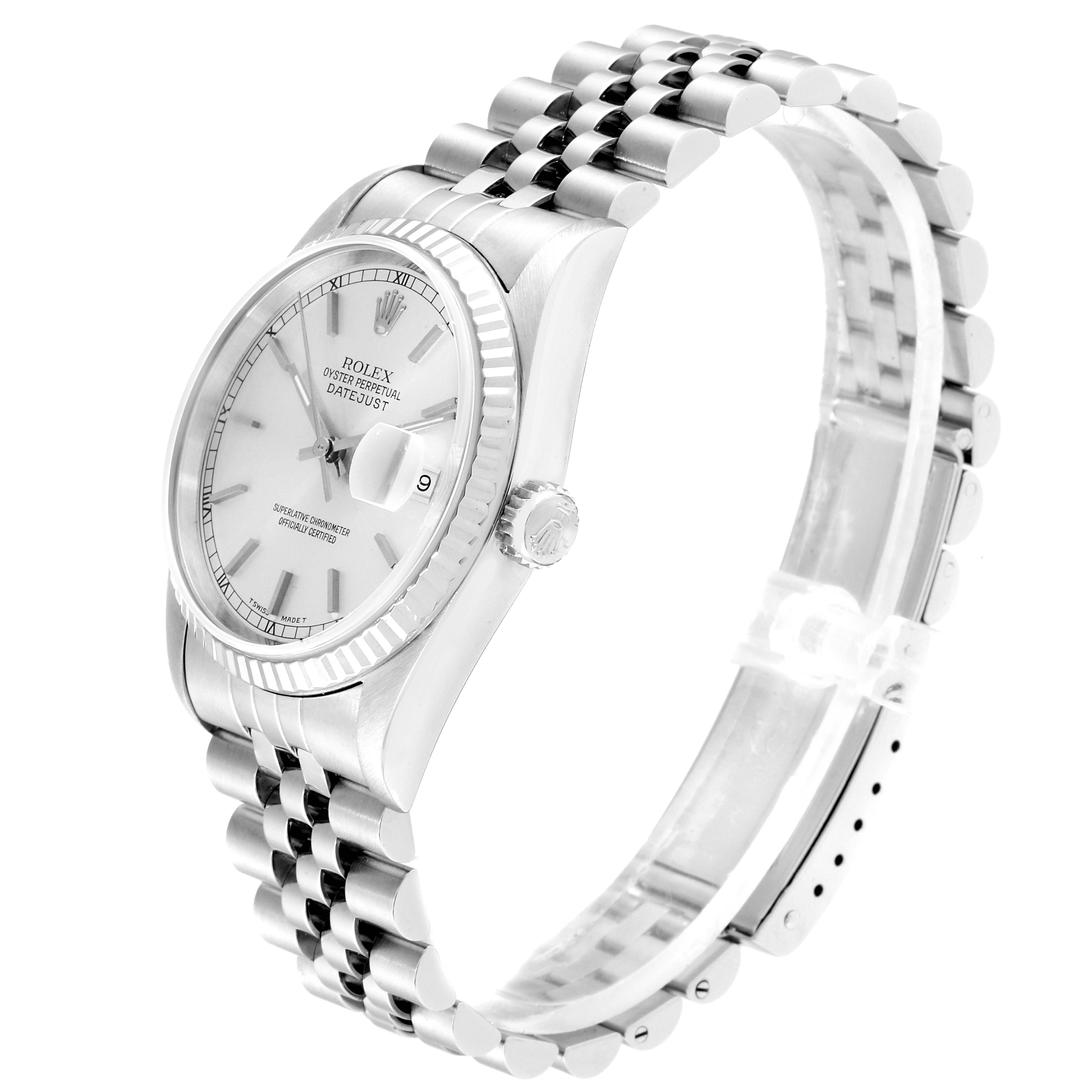 This image shows a Rolex Datejust 16234 Men's Stainless Steel Silver Dial 16234 Men's Stainless Steel Silver Dial watch at an angled side view, featuring the dial, bezel, crown, and bracelet.