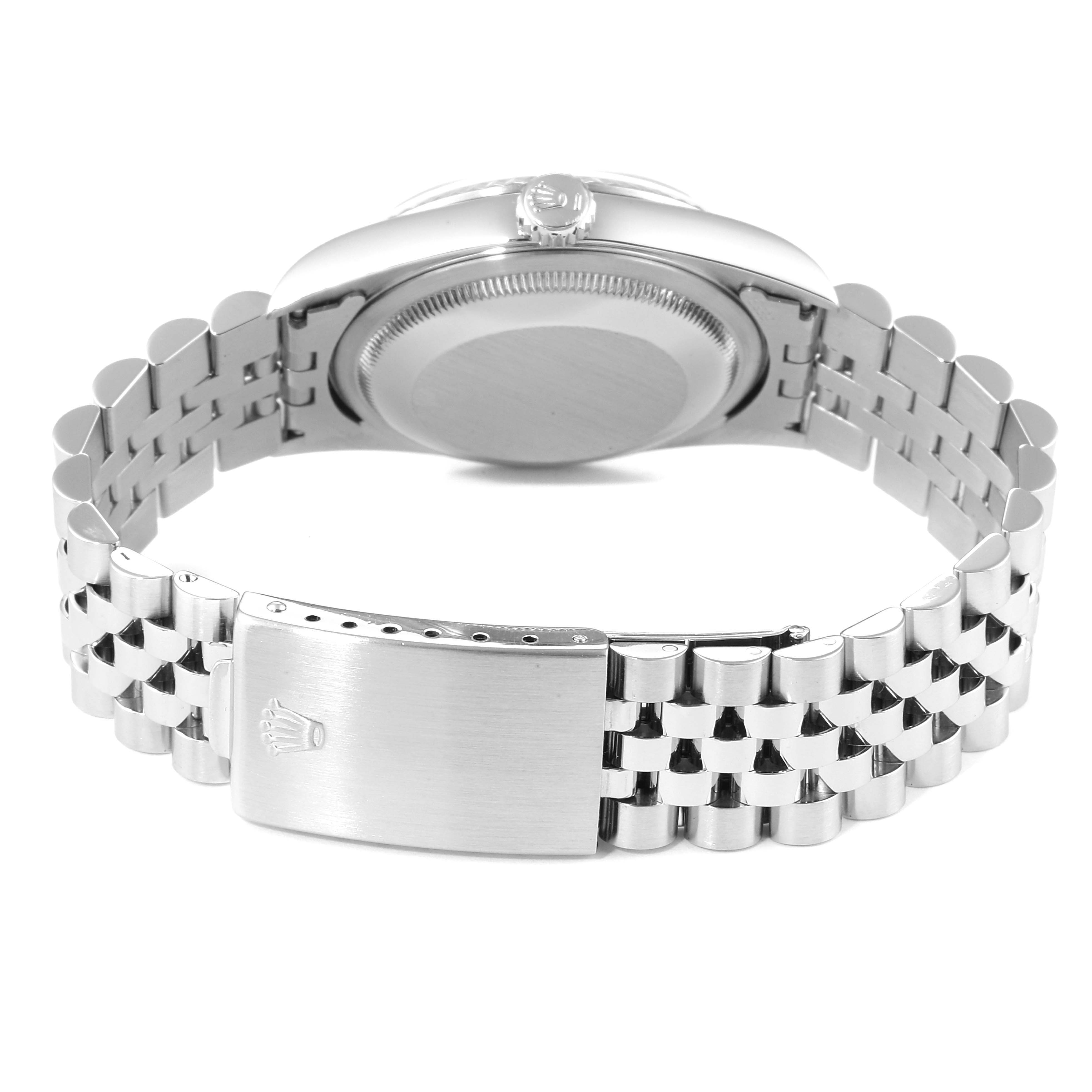 This image shows the back view of a Rolex Datejust 16234 Men's Stainless Steel Silver Dial 16234 Men's Stainless Steel Silver Dial watch, highlighting the case back, the winding crown, and the Jubilee bracelet with its clasp.