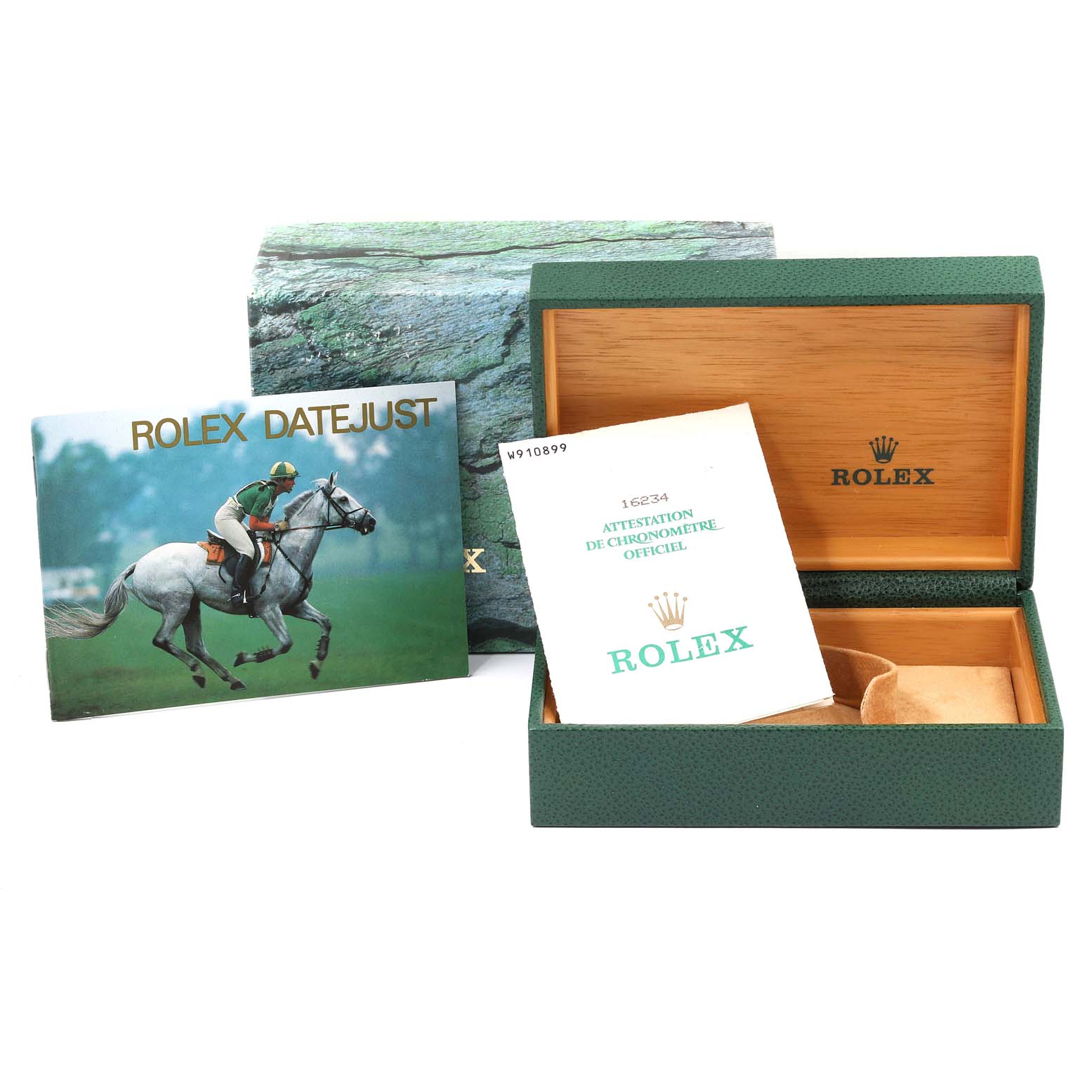 The image shows the box, documentation, and certificate for a Rolex Datejust 16234 Men's Stainless Steel Silver Dial 16234 Men's Stainless Steel Silver Dial watch.