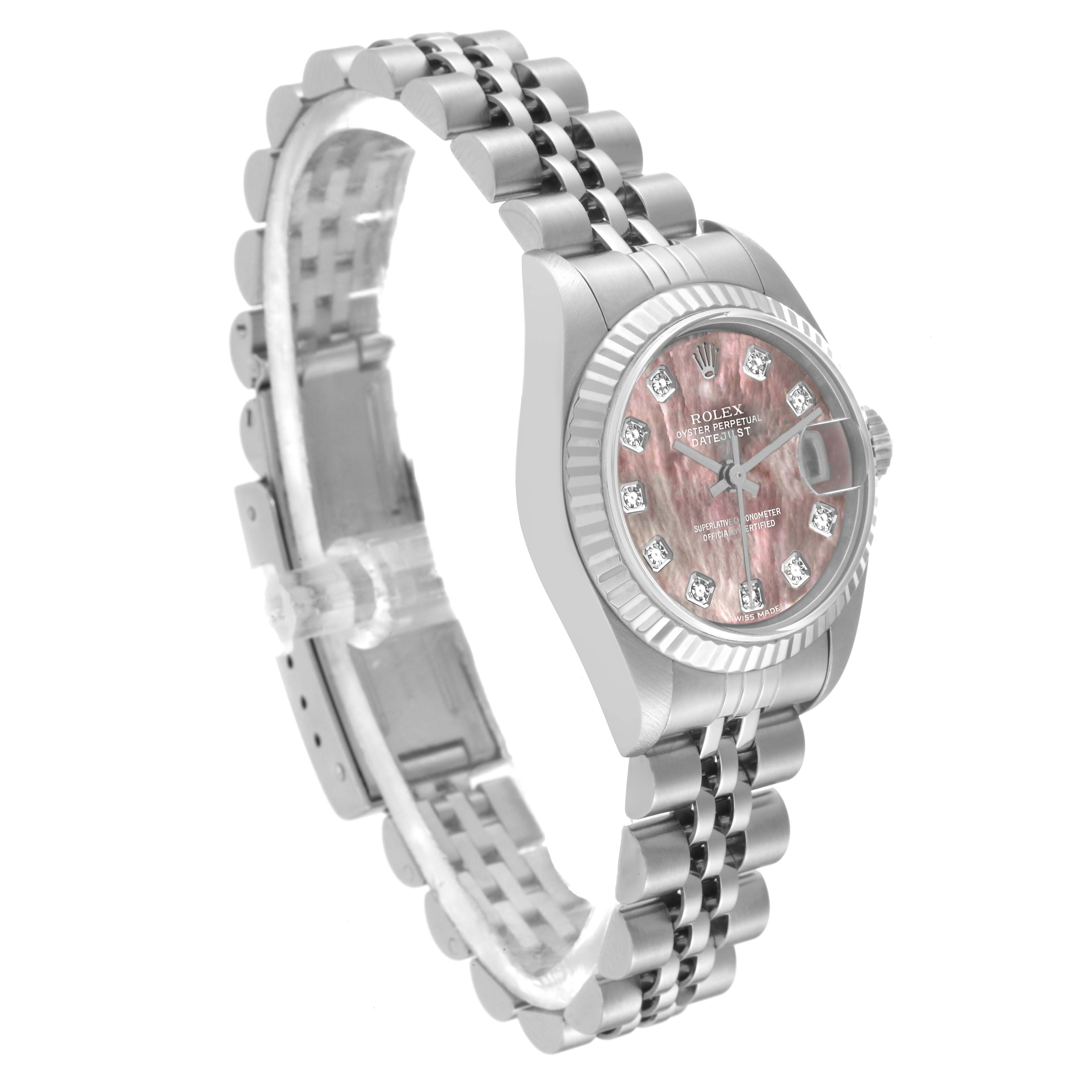 The image shows a side angle of a Rolex Datejust 79174 Women
s Stainless Steel Mother of Pearl Dial 79174 Women
s Stainless Steel Mother of Pearl Dial watch, highlighting the face, bezel, and part of the bracelet.