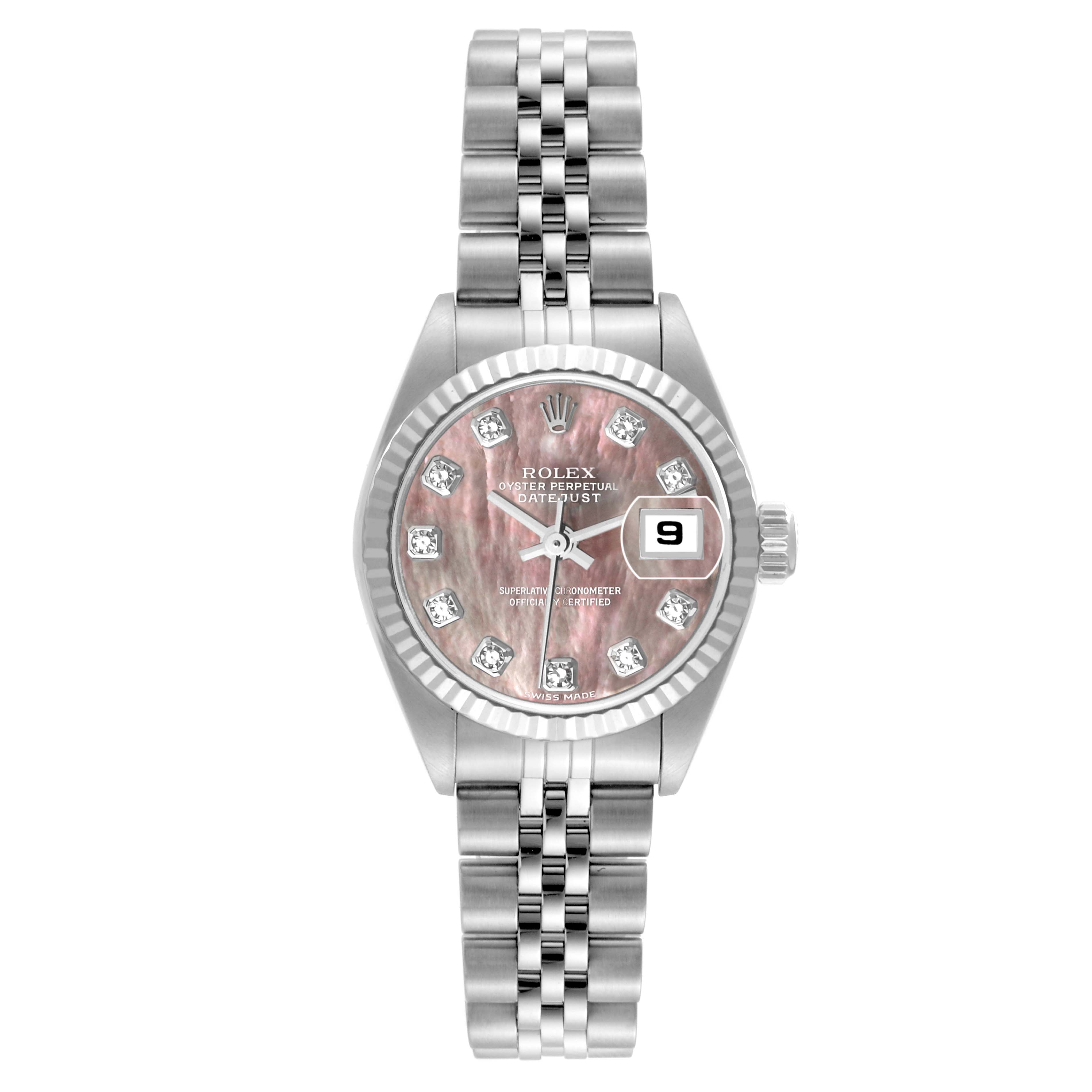 This image shows a front view of the Rolex Datejust 79174 Women
s Stainless Steel Mother of Pearl Dial 79174 Women
s Stainless Steel Mother of Pearl Dial watch, highlighting its dial, bezel, and bracelet.