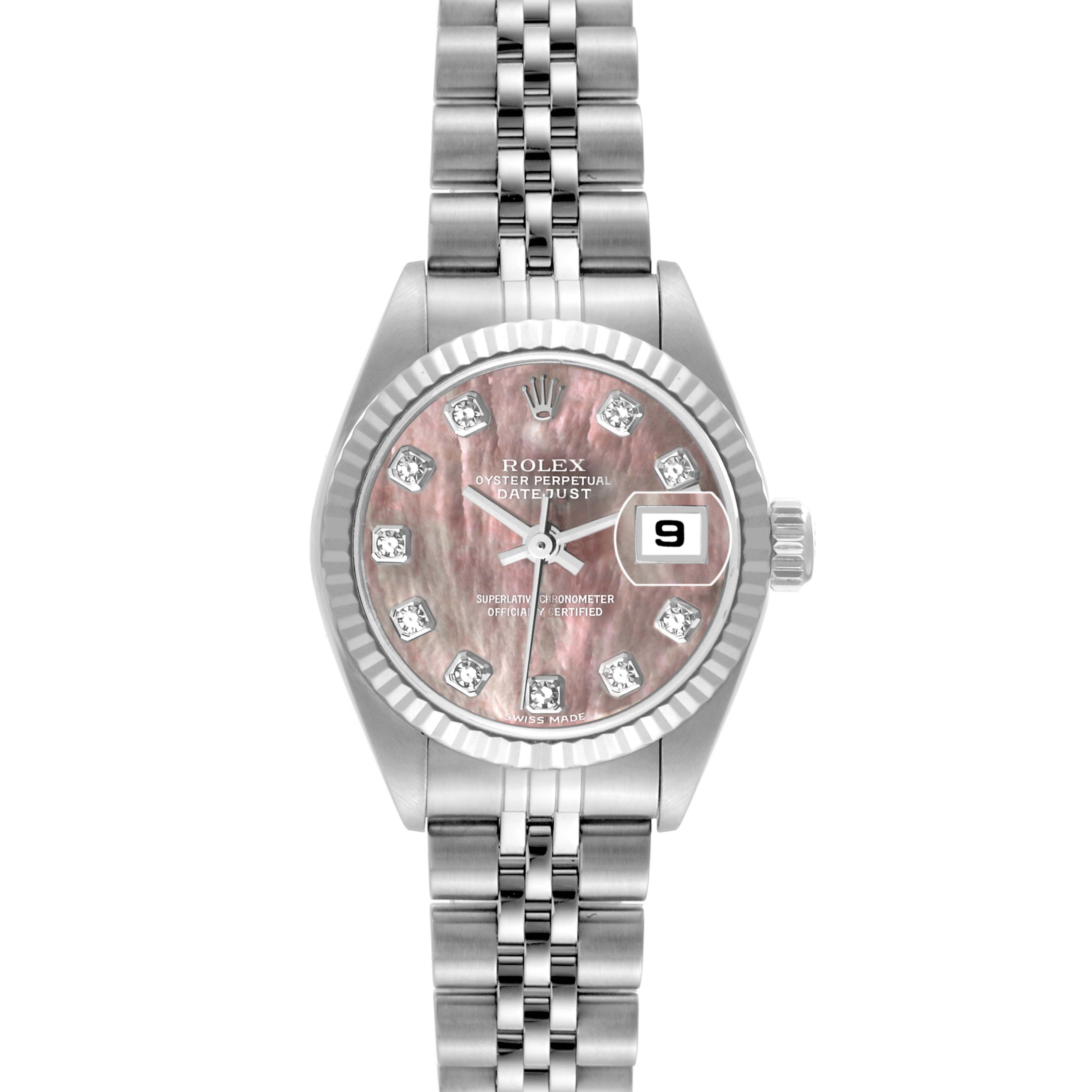 This image shows a Rolex Datejust 79174 Women
s Stainless Steel Mother of Pearl Dial 79174 Women
s Stainless Steel Mother of Pearl Dial watch from a top-down angle, highlighting its dial, bezel, and bracelet.