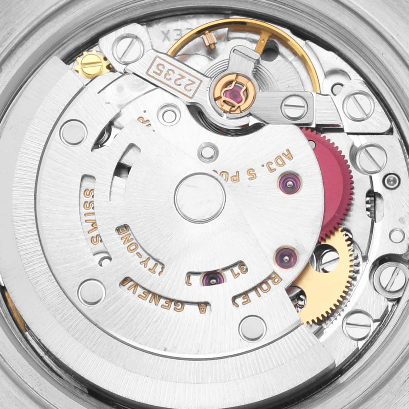 The image shows a close-up of the internal movement mechanism of a Rolex Datejust 79174 Women
s Stainless Steel Mother of Pearl Dial 79174 Women
s Stainless Steel Mother of Pearl Dial watch.