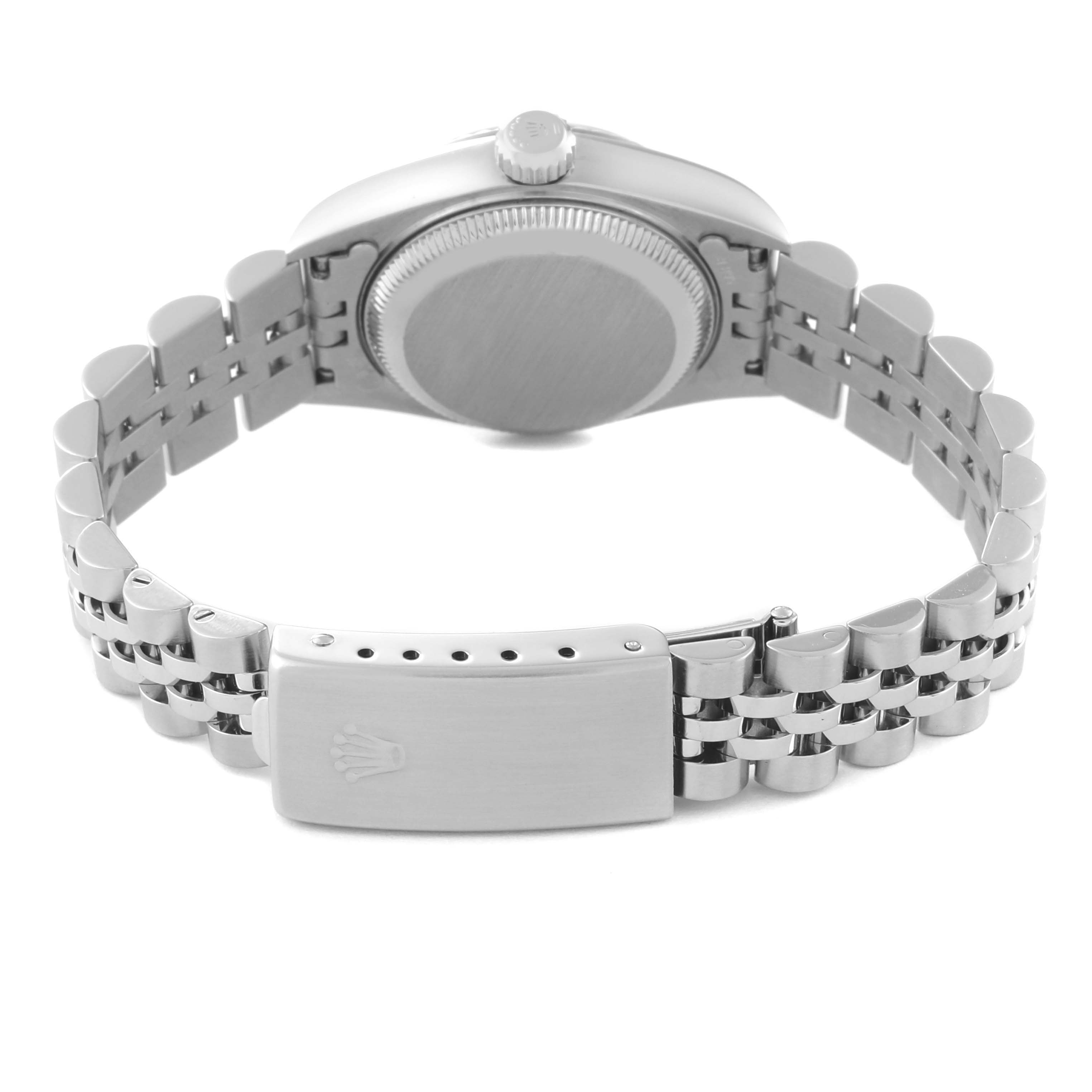 This image shows the backside and bracelet of a Rolex Datejust 79174 Women
s Stainless Steel Mother of Pearl Dial 79174 Women
s Stainless Steel Mother of Pearl Dial watch, highlighting the case back and clasp.