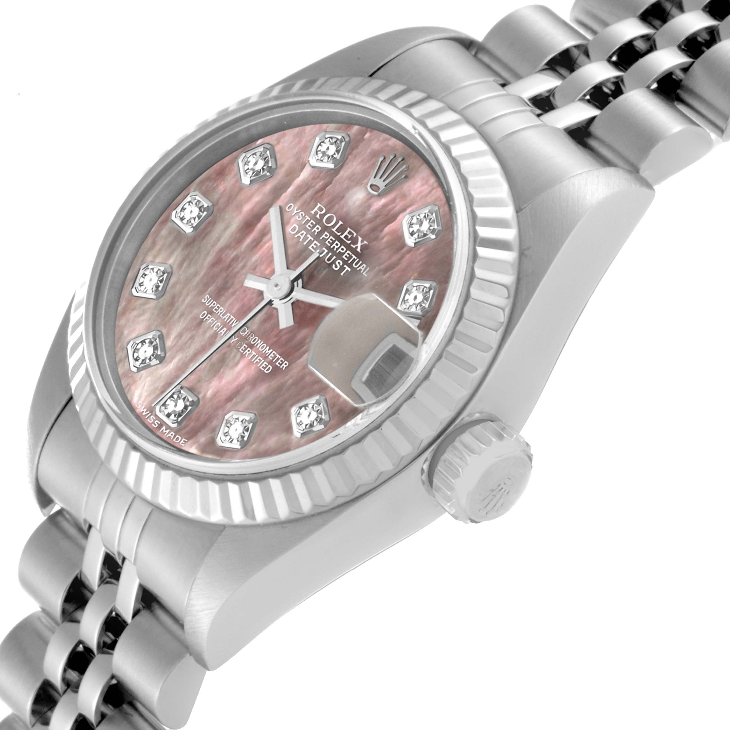 The image shows a close-up of a Rolex Datejust 79174 Women
s Stainless Steel Mother of Pearl Dial 79174 Women
s Stainless Steel Mother of Pearl Dial watch at an oblique angle, highlighting the dial, crown, and part of the bracelet.