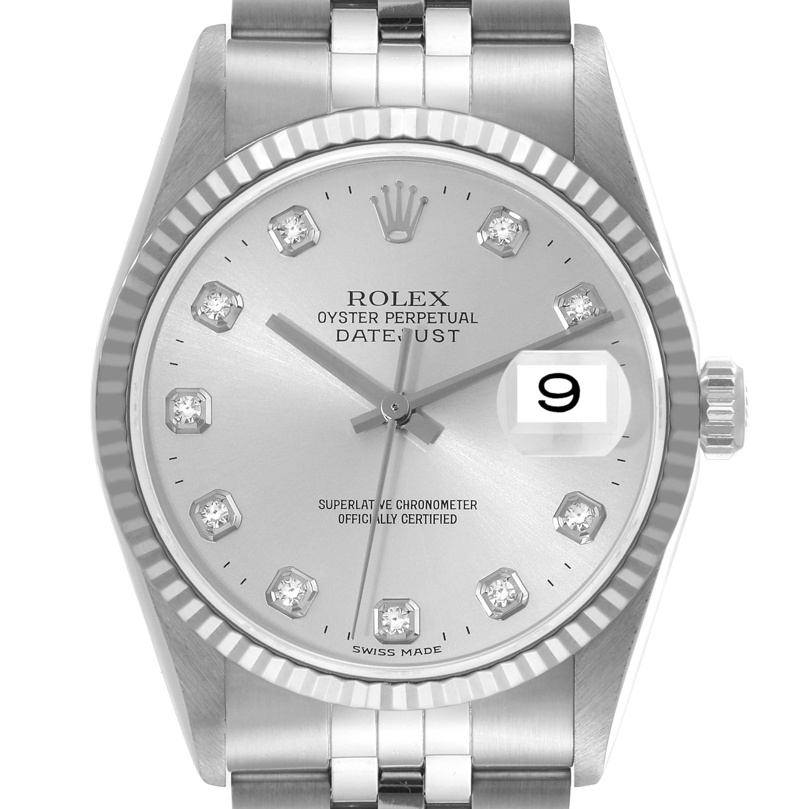 The image shows a front view of a Rolex Datejust 16234 Men's Stainless Steel Silver Dial 16234 Men's Stainless Steel Silver Dial watch, highlighting its silver dial, diamond hour markers, fluted bezel, and date window.