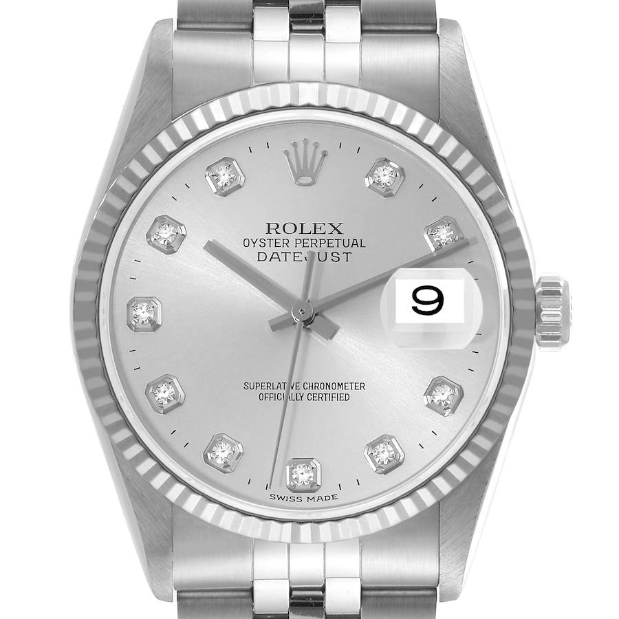 Rolex Datejust Steel White Gold Silver Diamond Dial Mens Watch 16234 SwissWatchExpo