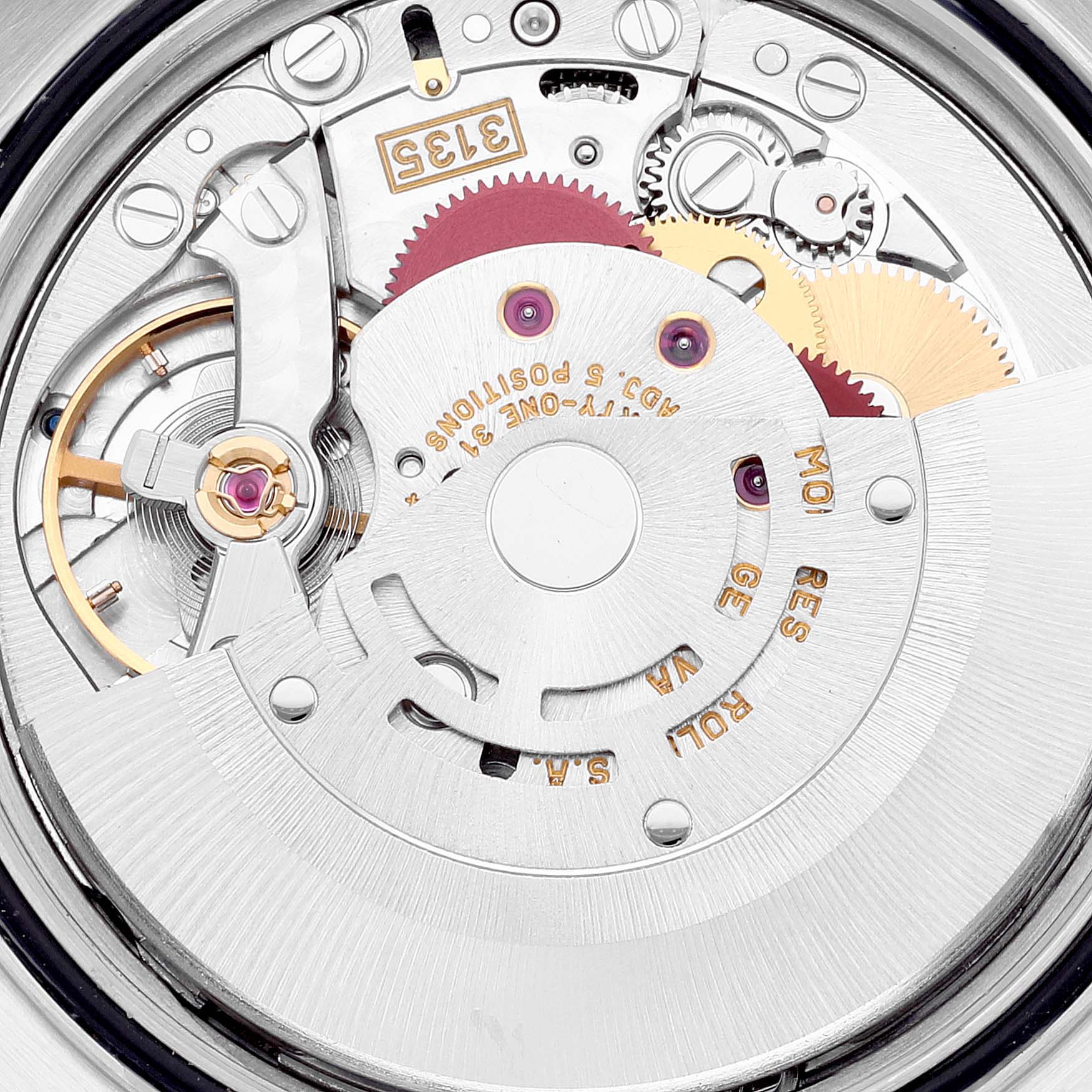 This close-up image shows the internal mechanical components of the Rolex Datejust 16234 Men's Stainless Steel Silver Dial 16234 Men's Stainless Steel Silver Dial model watch.
