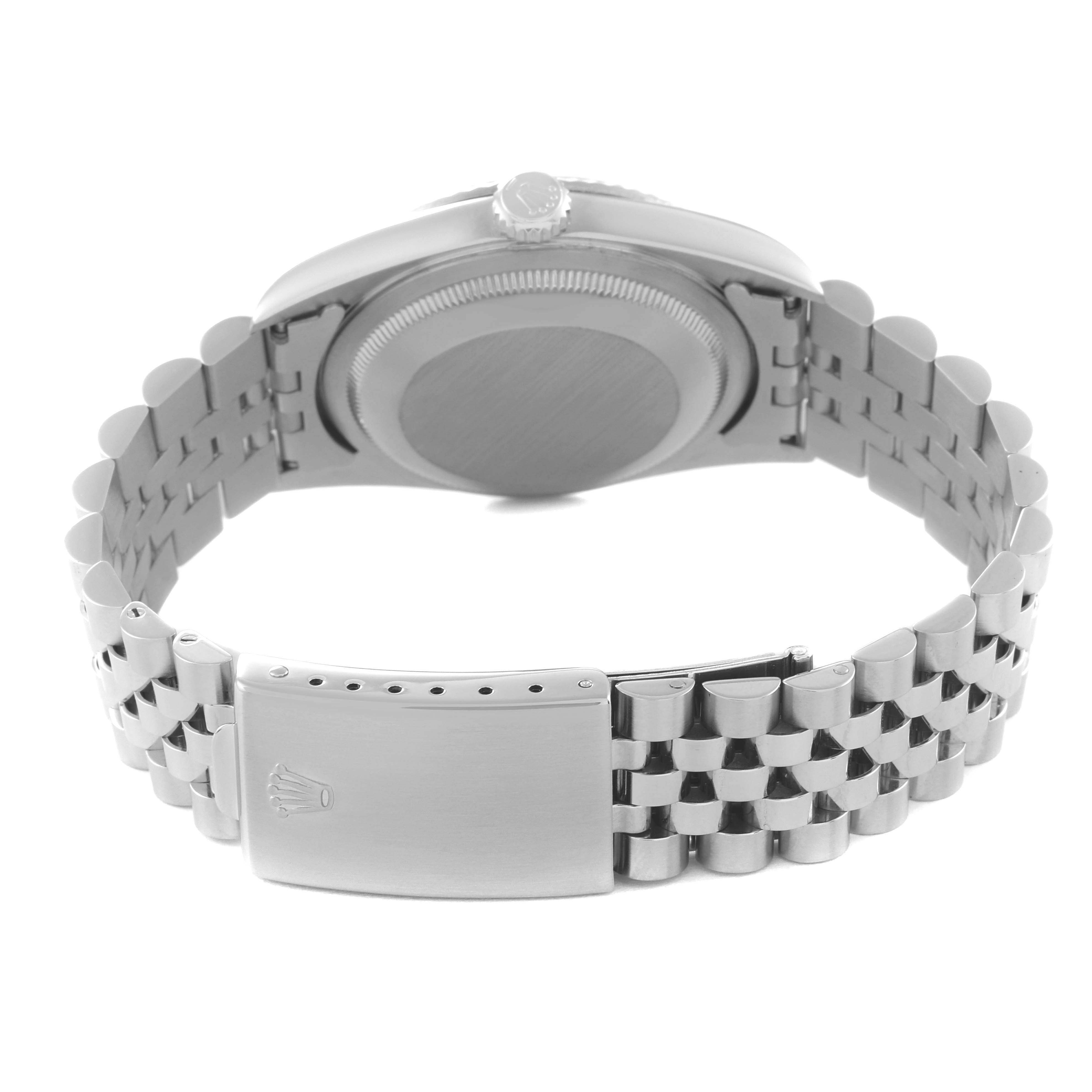 The image shows the rear view of a Rolex Datejust 16234 Men's Stainless Steel Silver Dial 16234 Men's Stainless Steel Silver Dial watch, including the case back, bracelet, and clasp.