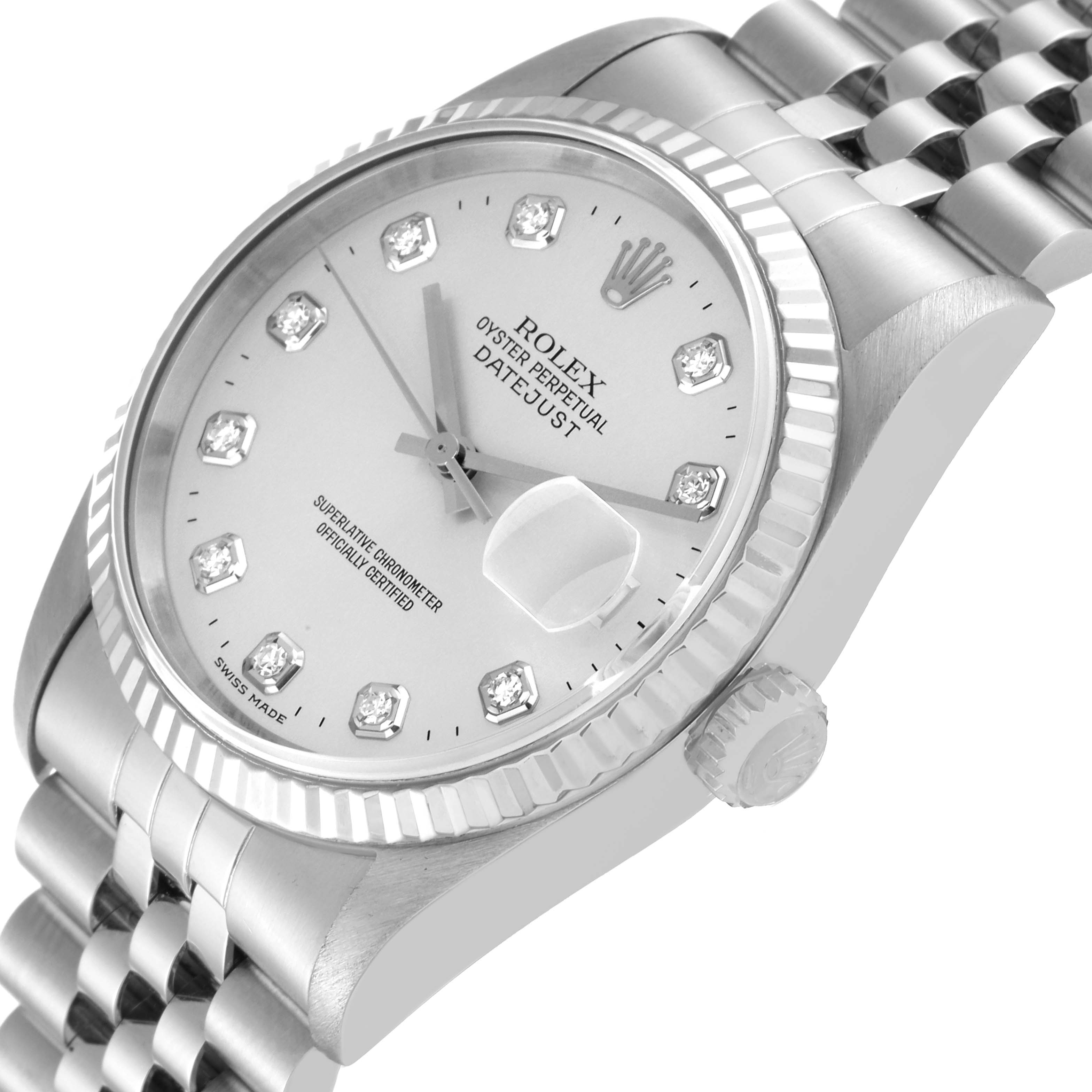The image shows a Rolex Datejust 16234 Men's Stainless Steel Silver Dial 16234 Men's Stainless Steel Silver Dial watch at an angle highlighting the face, bezel, crown, and part of the bracelet.
