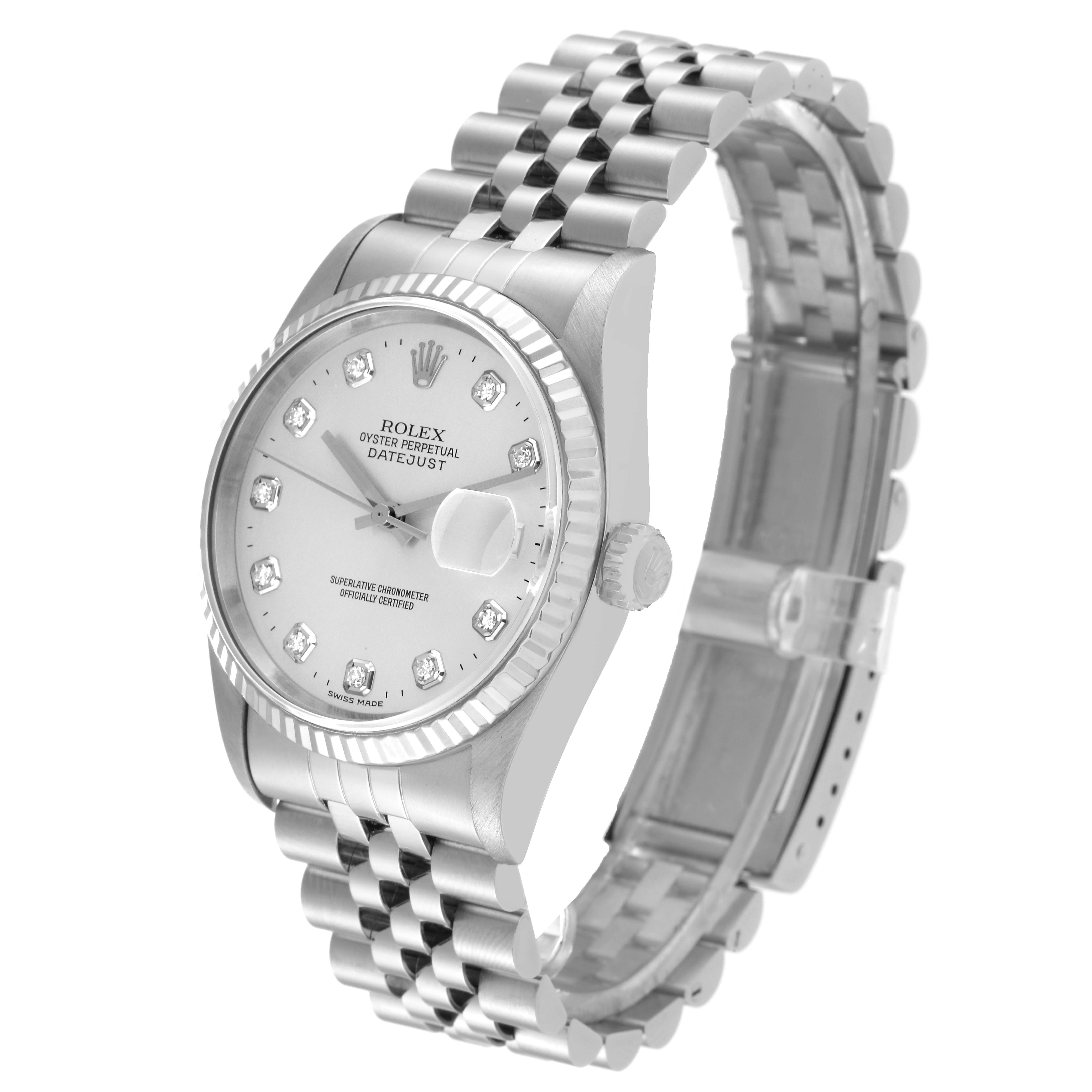 The Rolex Datejust 16234 Men's Stainless Steel Silver Dial 16234 Men's Stainless Steel Silver Dial is shown at a left front angle, highlighting the dial, bezel, crown, and part of the jubilee bracelet.
