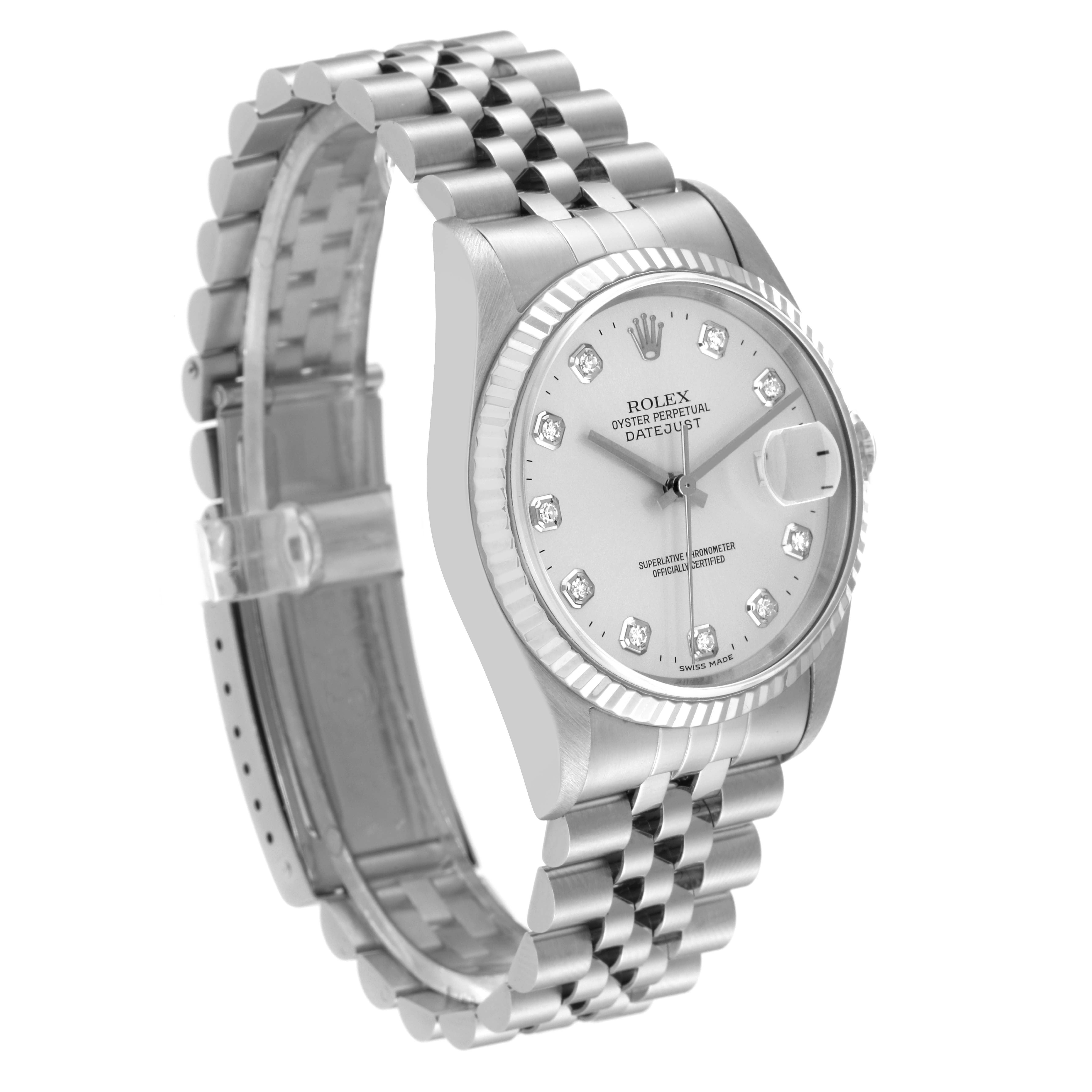 The Rolex Datejust 16234 Men's Stainless Steel Silver Dial 16234 Men's Stainless Steel Silver Dial watch is shown at a 3/4 angle, highlighting the watch face, fluted bezel, and jubilee bracelet.
