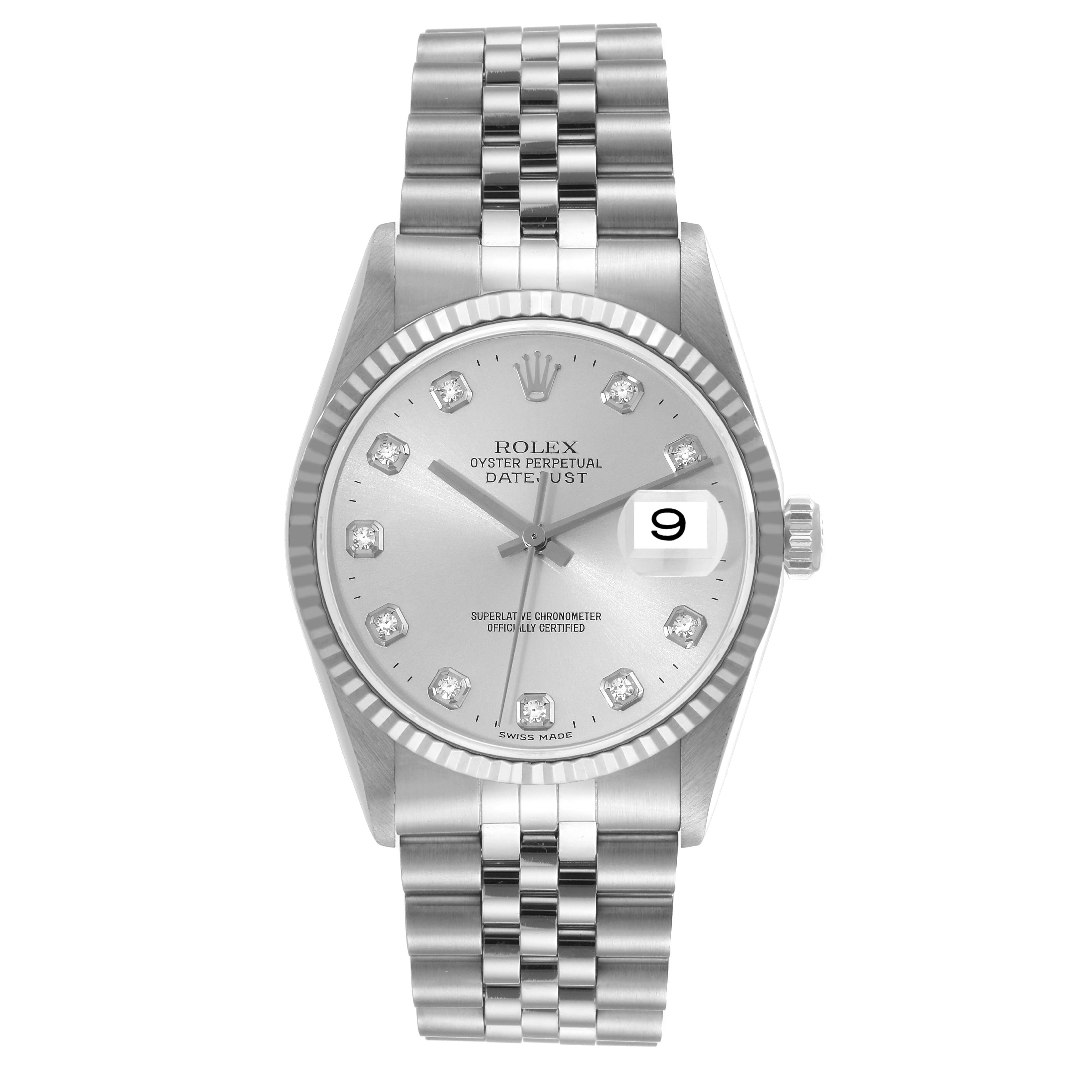 This image shows a front view of a Rolex Datejust 16234 Men's Stainless Steel Silver Dial 16234 Men's Stainless Steel Silver Dial watch, highlighting its silver dial, jubilee bracelet, and fluted bezel.