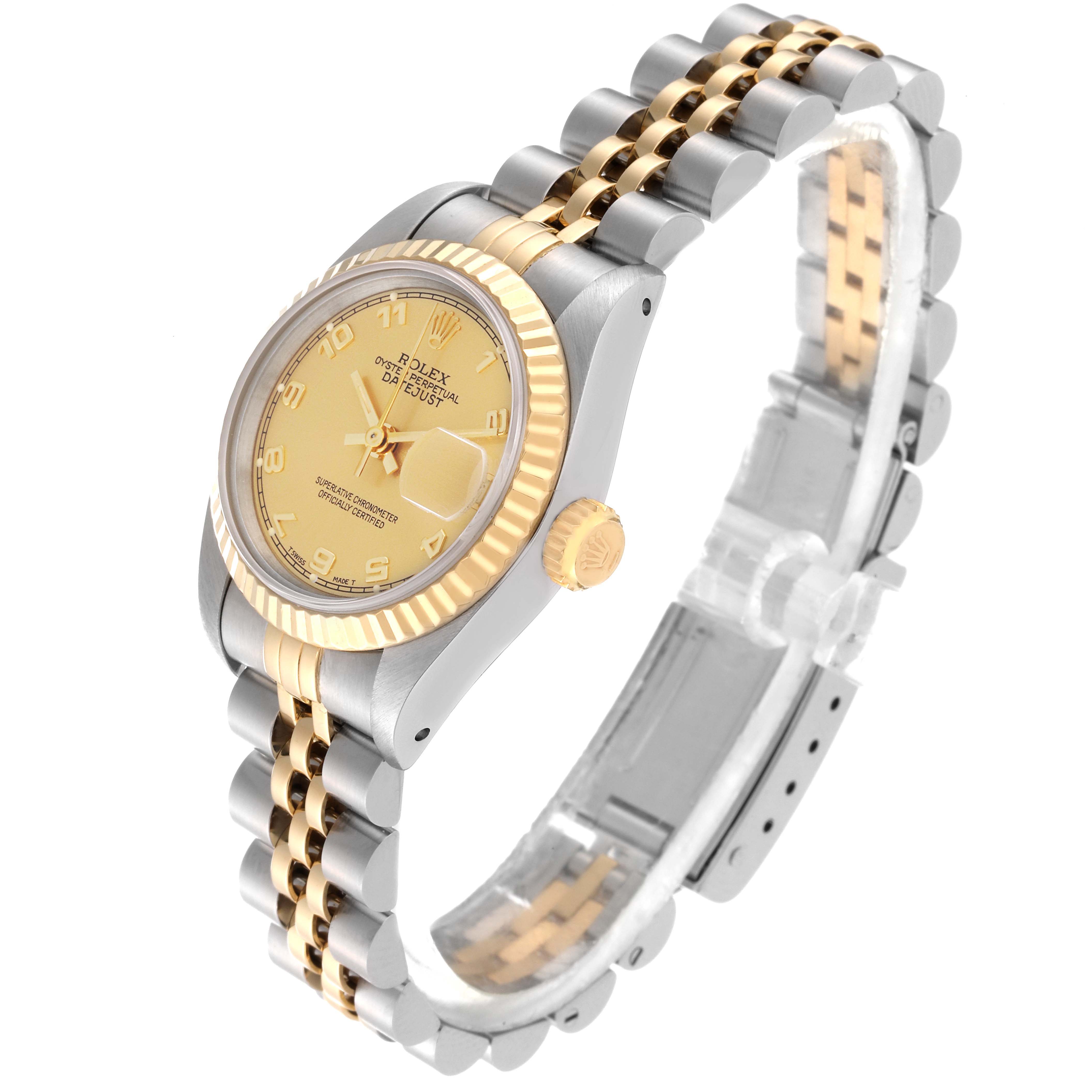 This image shows a Rolex Datejust 69173G Women's Steel and Gold (two tone) Champagne Dial 69173G Women's Steel and Gold (two tone) Champagne Dial watch from an angled side view, highlighting its bezel, crown, and two-tone bracelet.