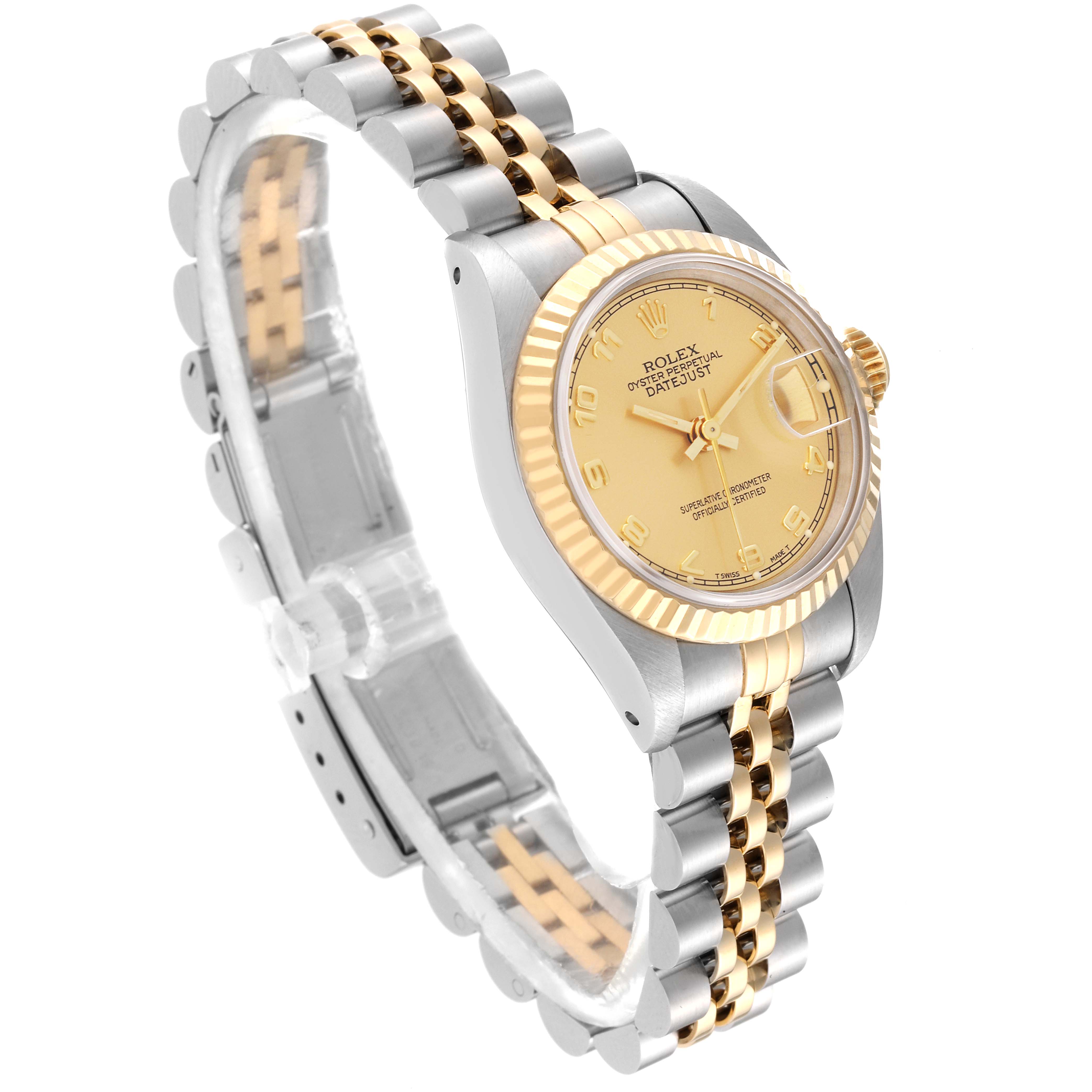 The image shows a Rolex Datejust 69173G Women's Steel and Gold (two tone) Champagne Dial 69173G Women's Steel and Gold (two tone) Champagne Dial watch at an angled side view showcasing the face, bracelet, and crown.