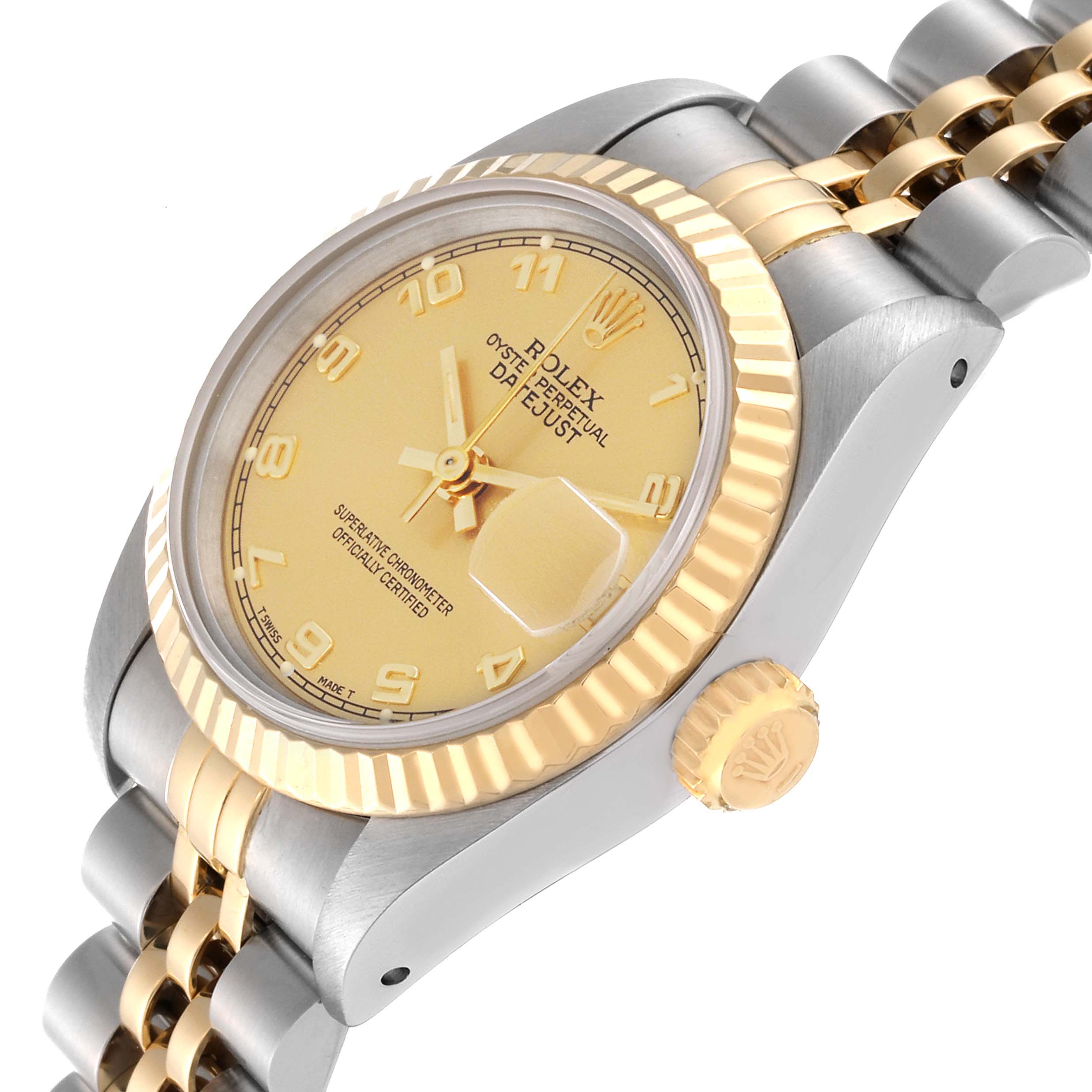 The image shows an angled view of a Rolex Datejust 69173G Women's Steel and Gold (two tone) Champagne Dial 69173G Women's Steel and Gold (two tone) Champagne Dial, highlighting the dial, bezel, crown, and part of the bracelet.