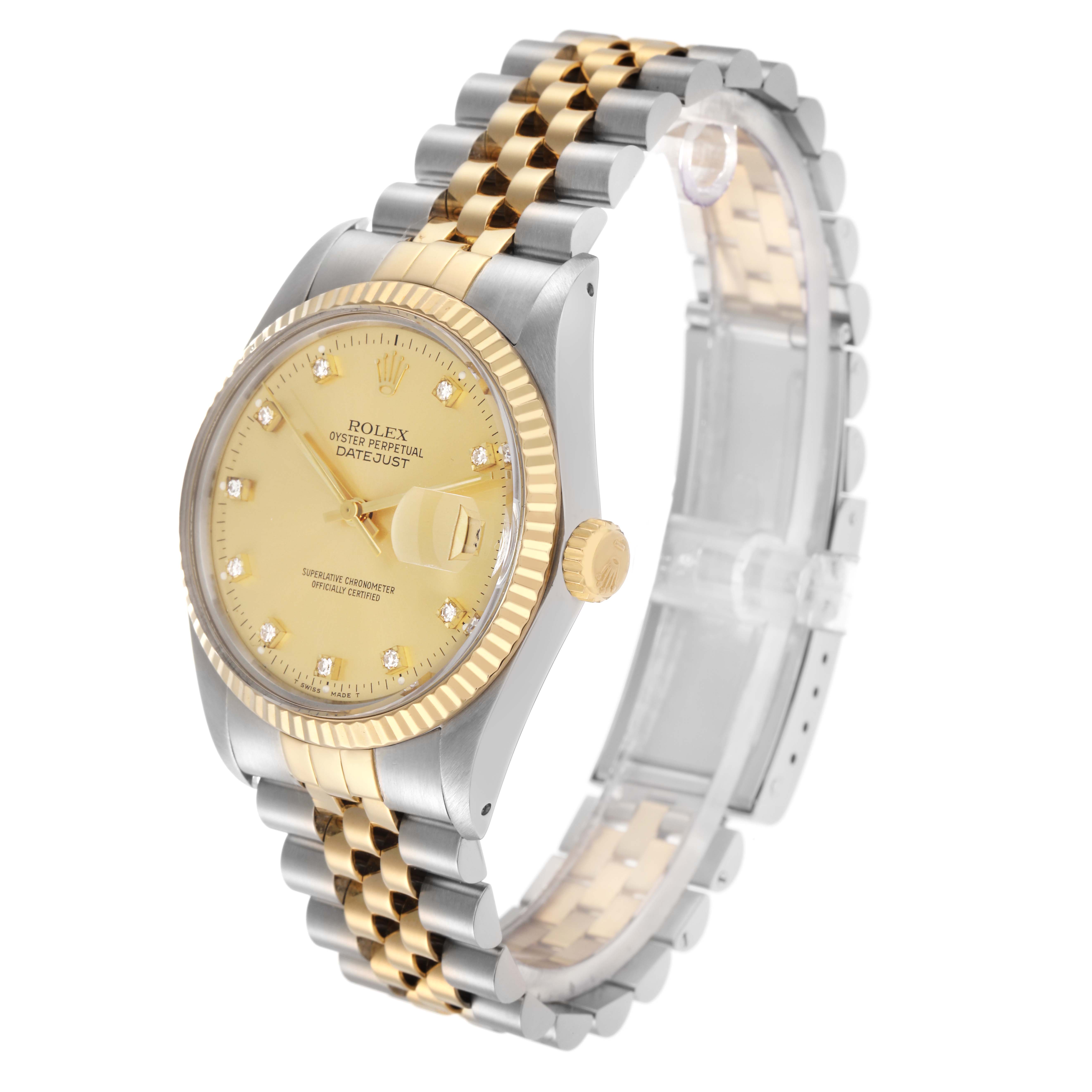 The Rolex Datejust model 16013 is shown at an angled side view, highlighting the two-tone bracelet, fluted bezel, and gold dial with diamond hour markers.