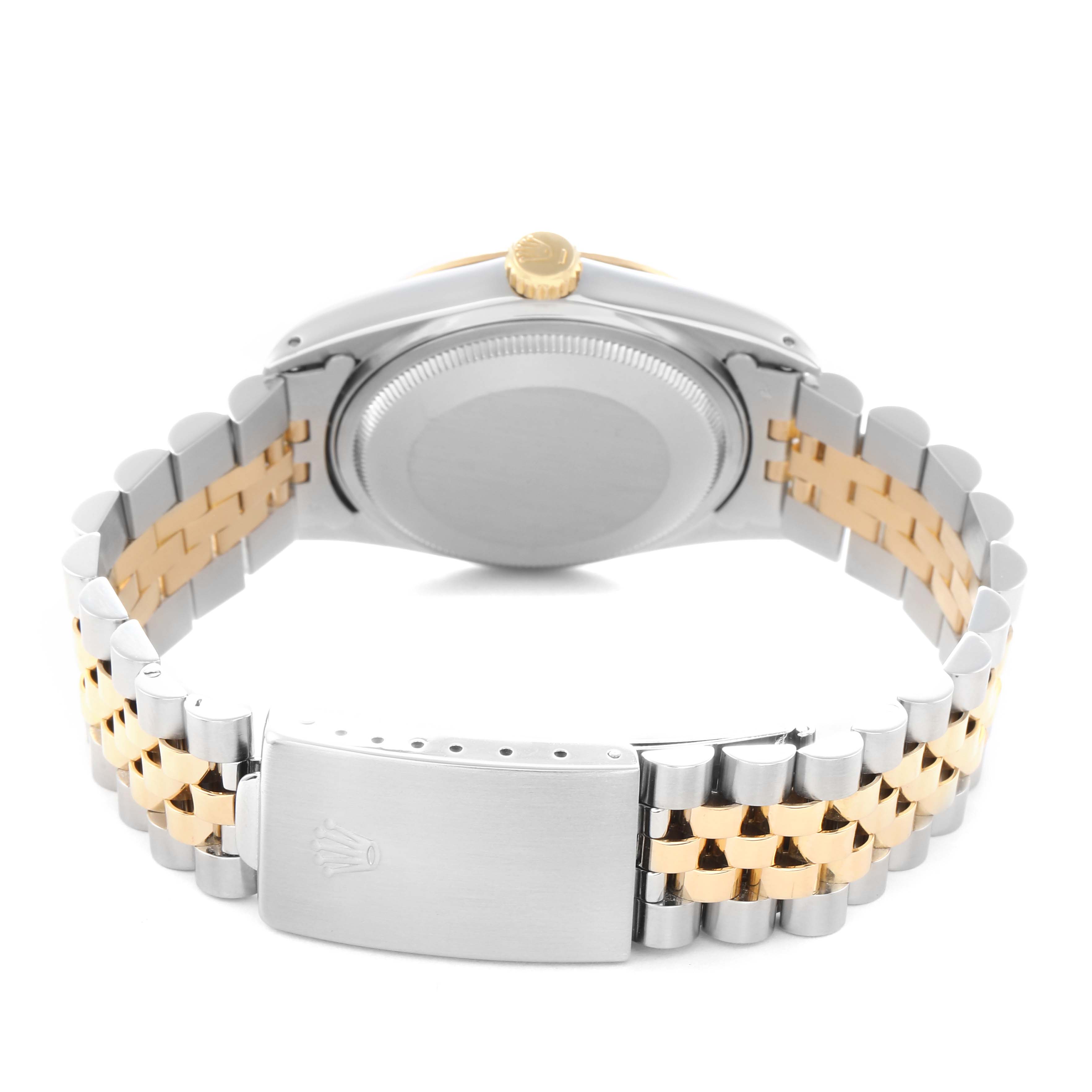 The image shows the back of a Rolex Datejust model 16013 men
s watch, focusing on the case back and two-tone jubilee bracelet with clasp.