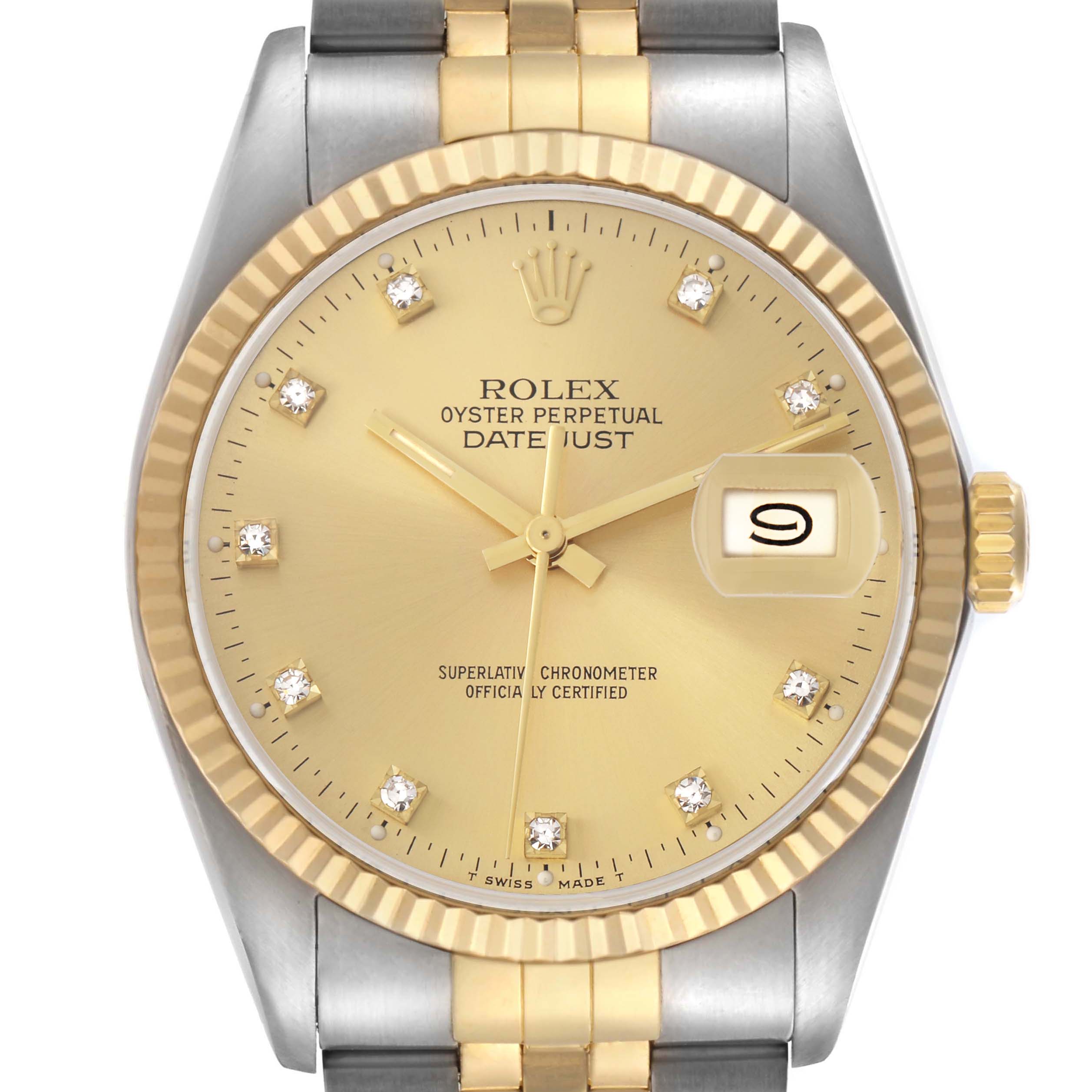 The image shows a close-up of the Rolex Datejust model 16013, displaying the gold dial, diamond hour markers, date window, and part of the jubilee bracelet.