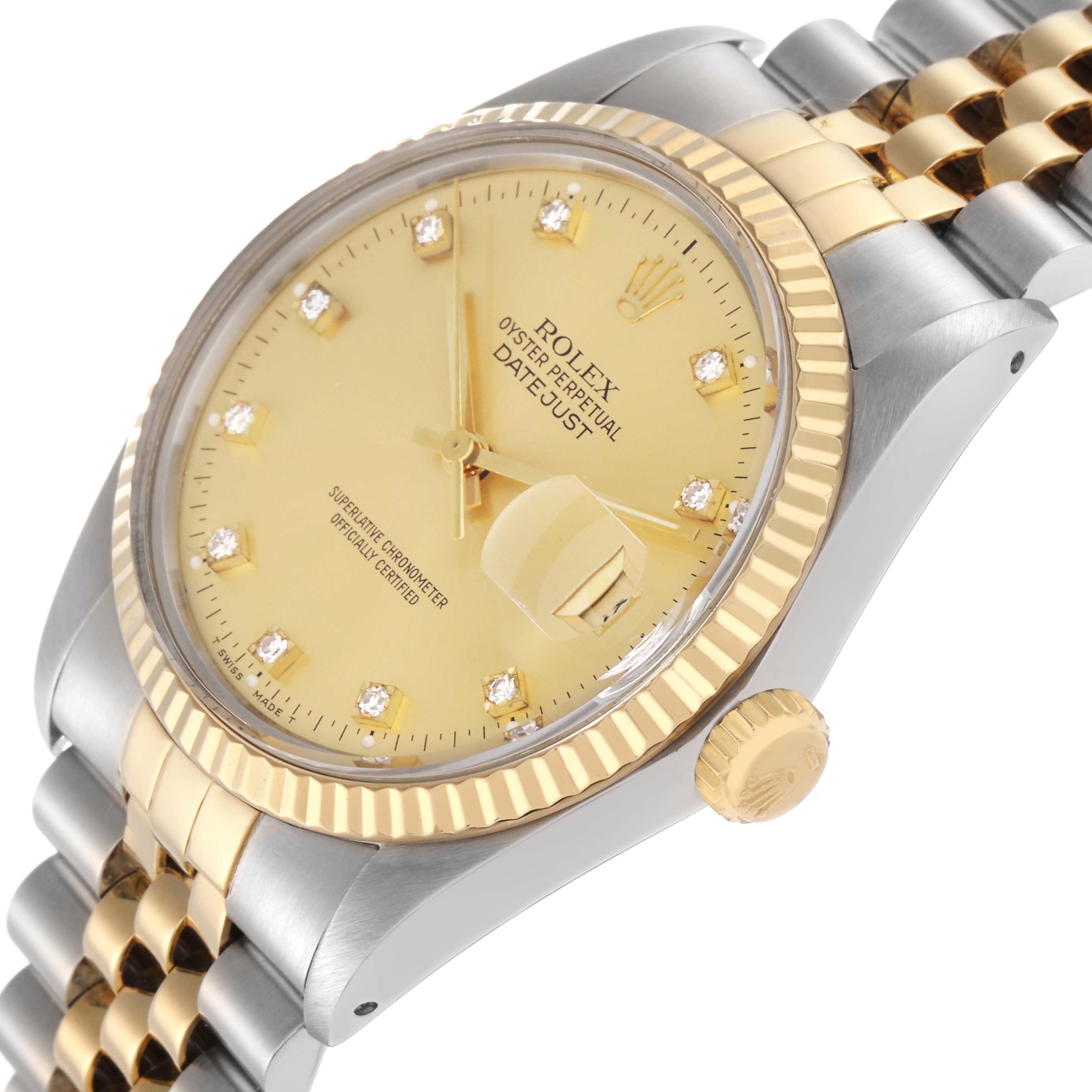 The image shows a Rolex Datejust model 16013 men
s watch at an angle highlighting the dial, bezel, crown, and part of the bracelet.