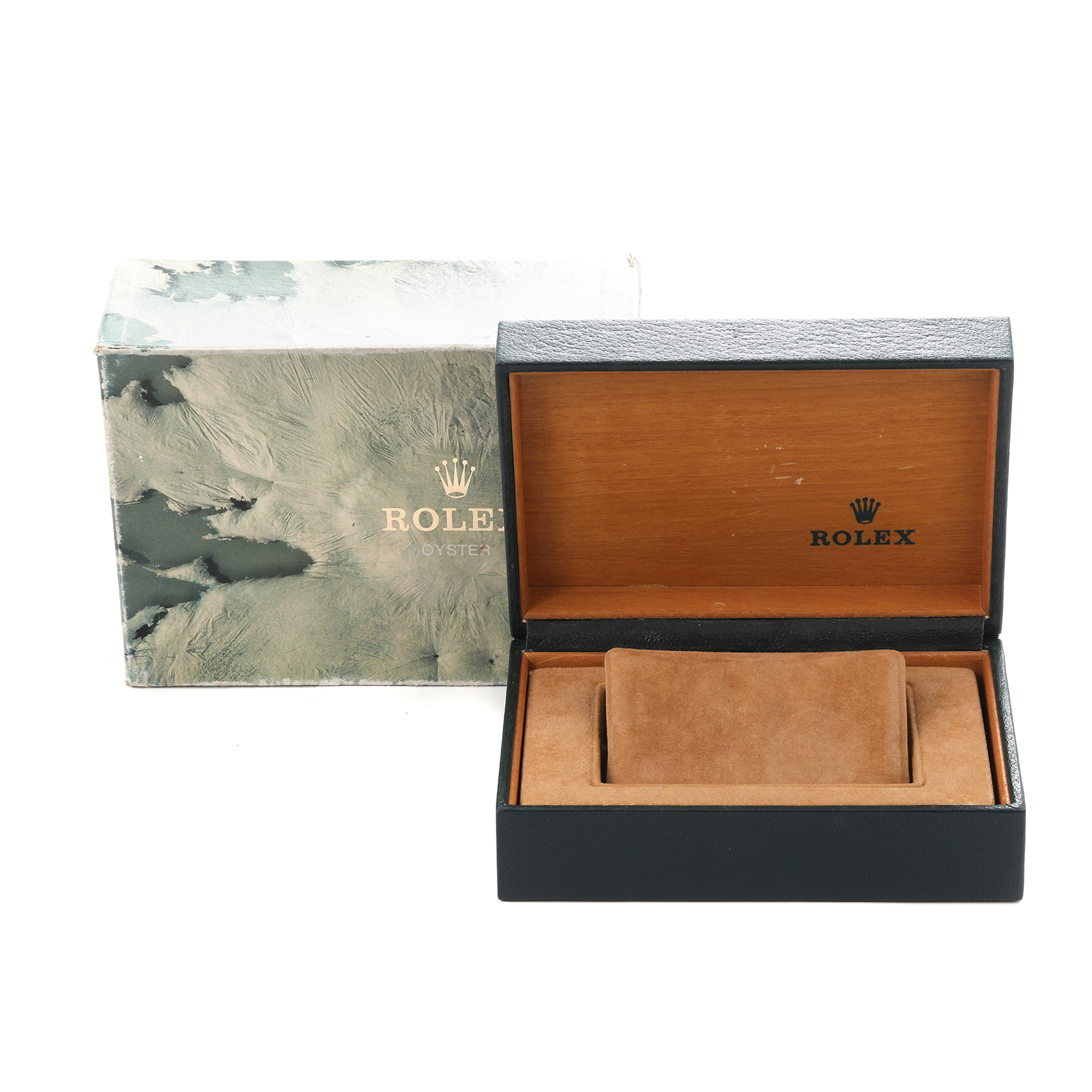 The image shows a Rolex Datejust model 16013 men
s watch box, featuring the outer packaging and an open inner case with a velvet insert.