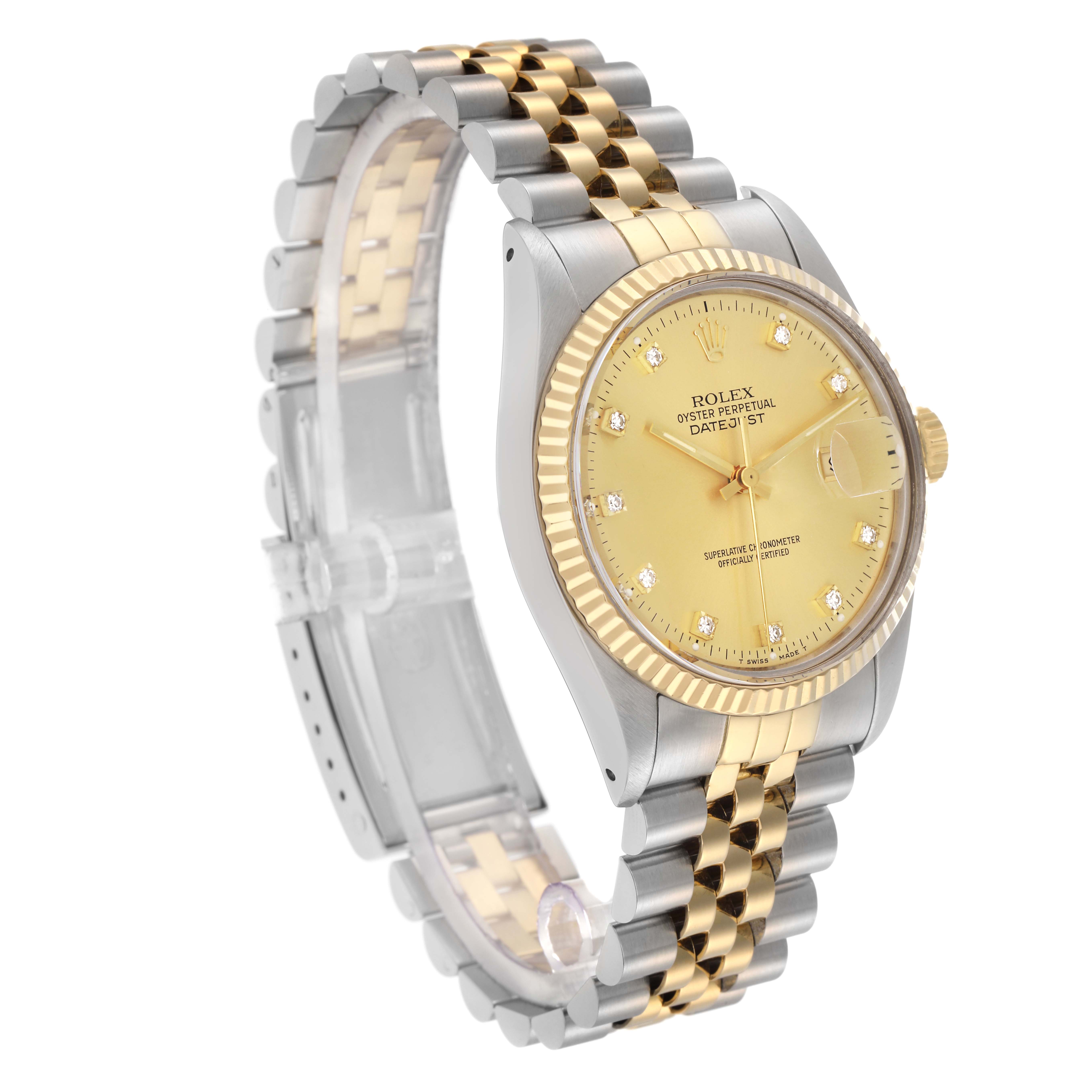 The Rolex Datejust model 16013 is shown at a slight angle, featuring a two-tone bracelet, fluted bezel, and champagne dial with diamond hour markers.