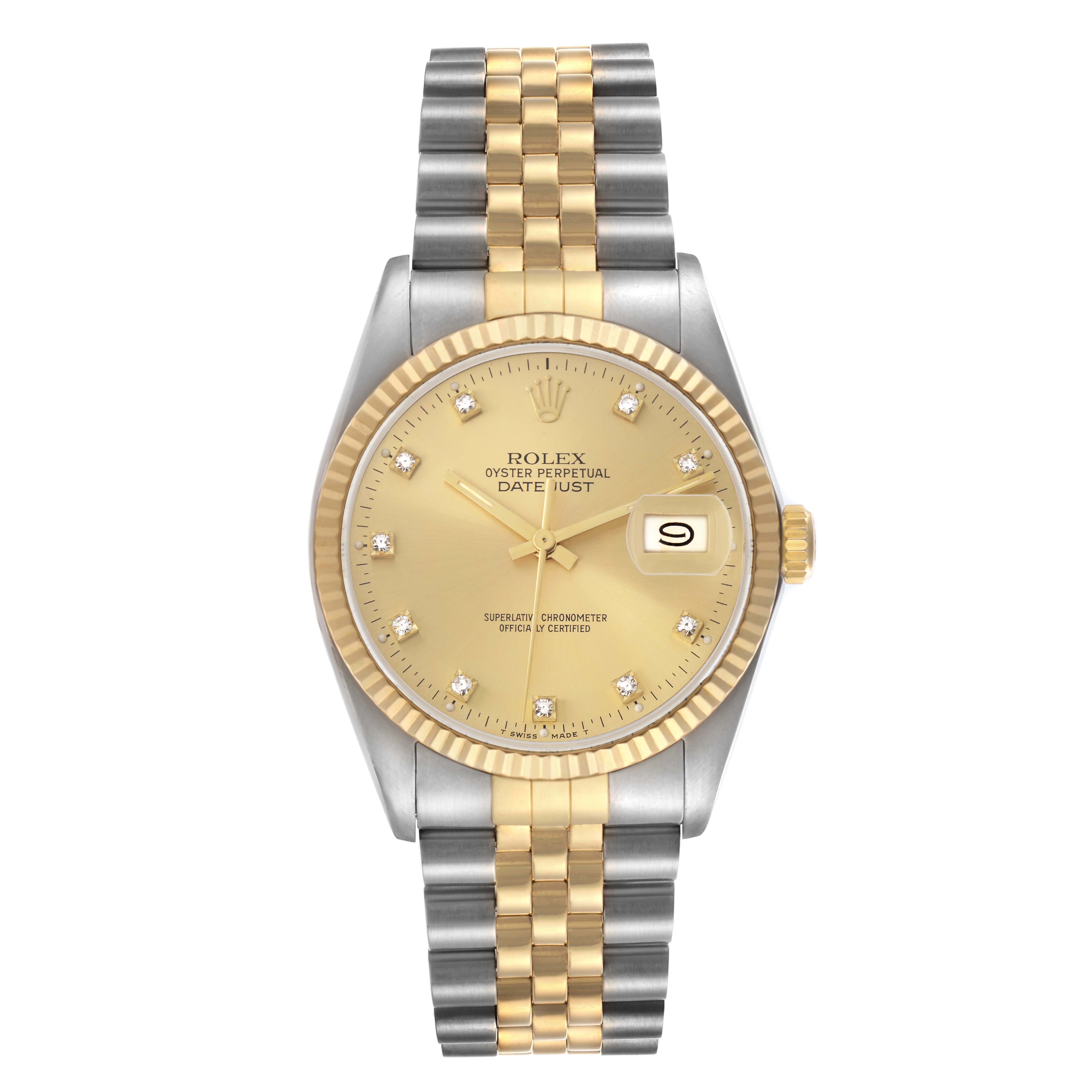 The image shows a Rolex Datejust 16013 men
s watch from the front angle, featuring a two-tone bracelet, gold dial, and diamond hour markers.