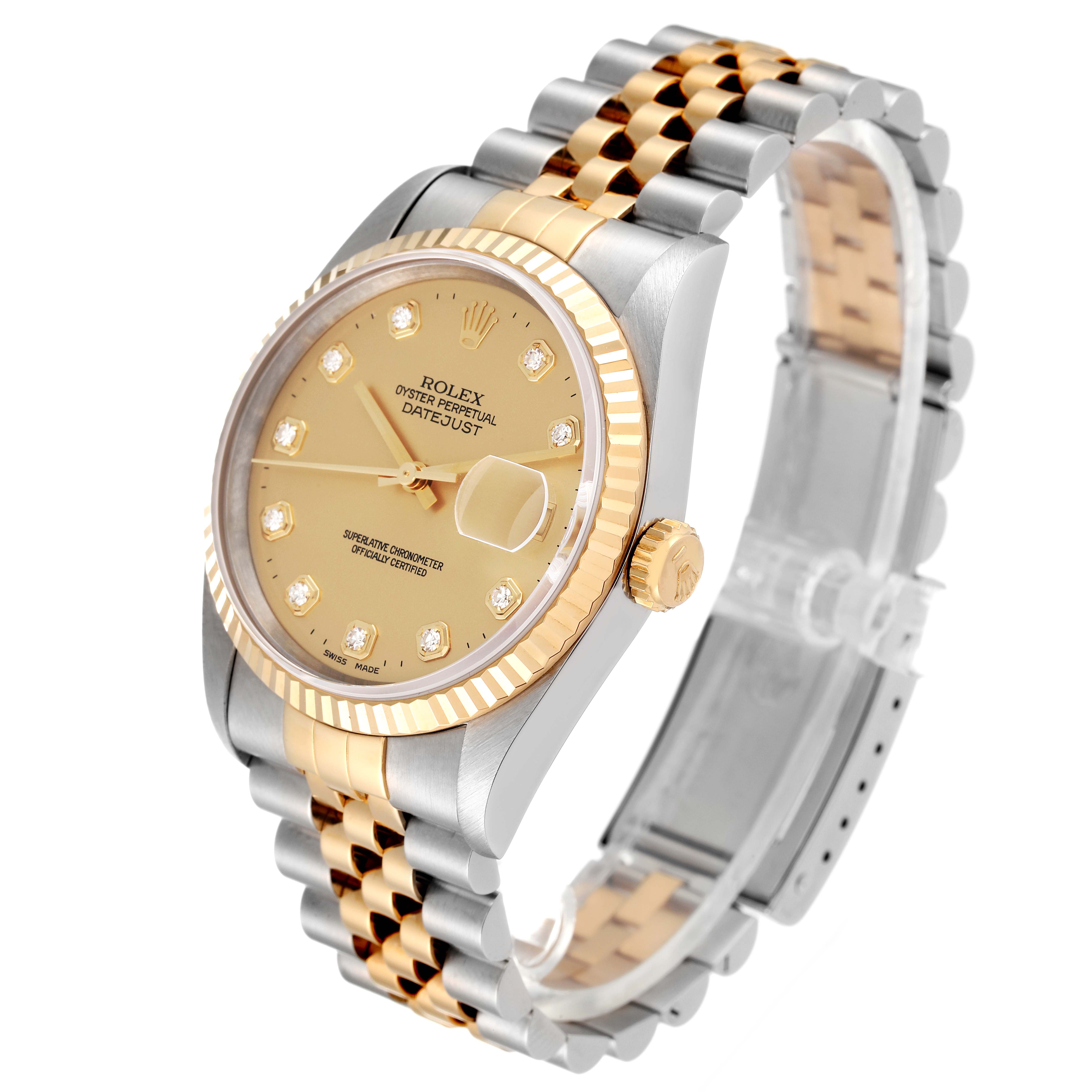 This image shows the Rolex Datejust 16233 Men's Steel and Gold (two tone) Champagne Dial 16233 Men's Steel and Gold (two tone) Champagne Dial watch from an oblique angle, displaying the face, bezel, and bracelet.