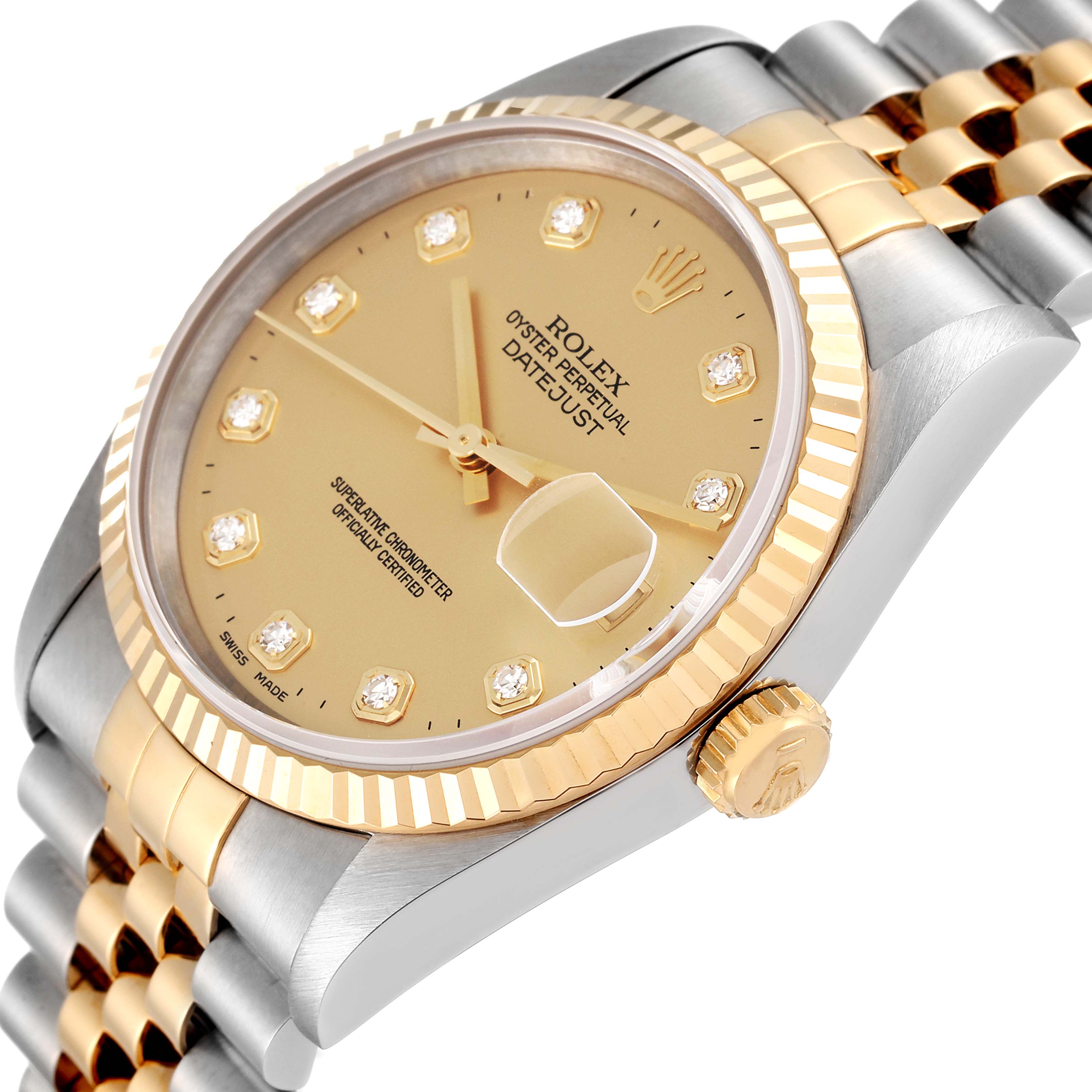 The Rolex Datejust 16233 Men's Steel and Gold (two tone) Champagne Dial 16233 Men's Steel and Gold (two tone) Champagne Dial watch is shown at a slight angle, highlighting the dial, diamond hour markers, bezel, and part of the bracelet.