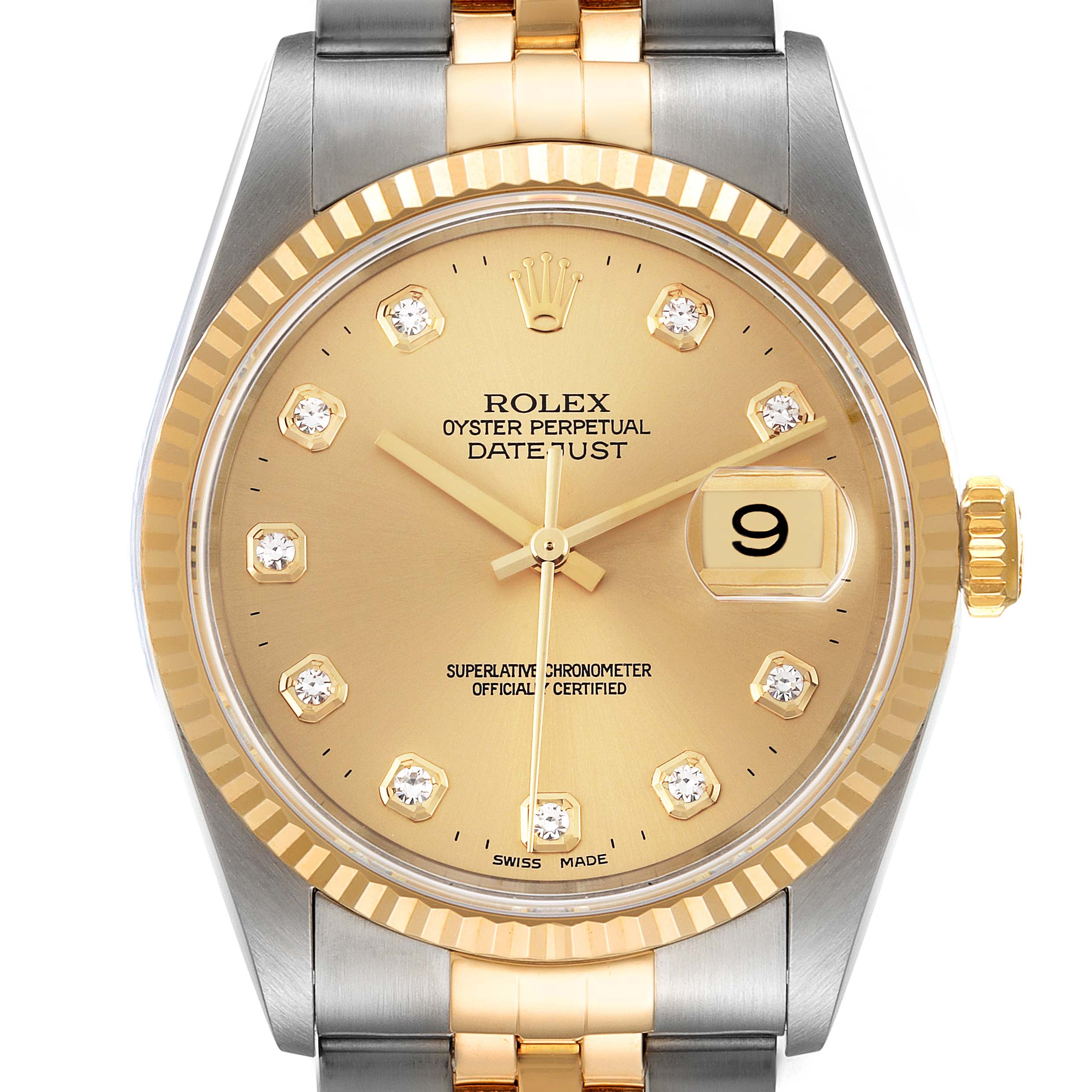 This image shows a front view of the dial, bezel, and part of the bracelet of a Rolex Datejust 16233 Men's Steel and Gold (two tone) Champagne Dial 16233 Men's Steel and Gold (two tone) Champagne Dial watch.