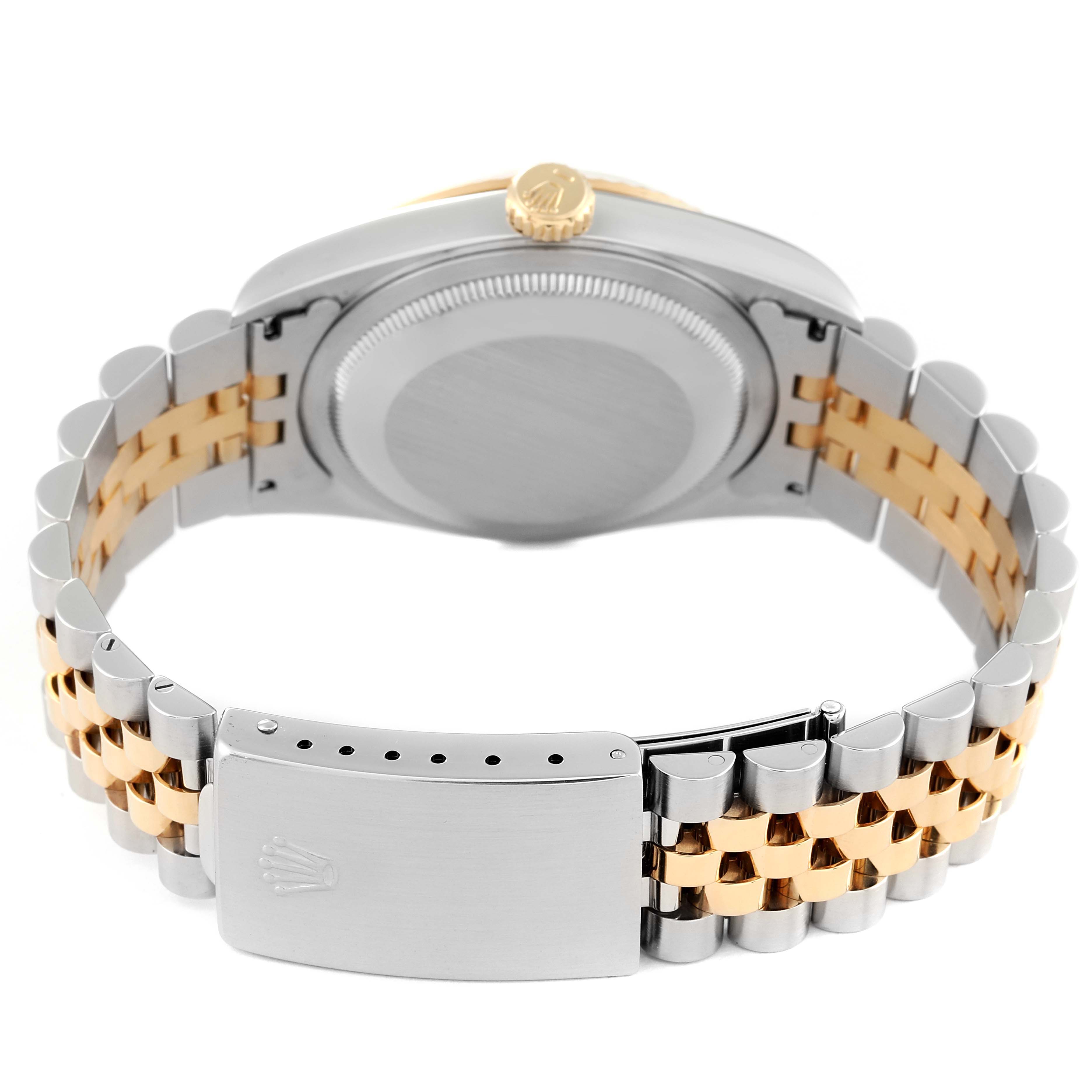 The image shows the back of the Rolex Datejust 16233 Men's Steel and Gold (two tone) Champagne Dial 16233 Men's Steel and Gold (two tone) Champagne Dial watch, highlighting its case, crown, and two-tone bracelet with a closed clasp.