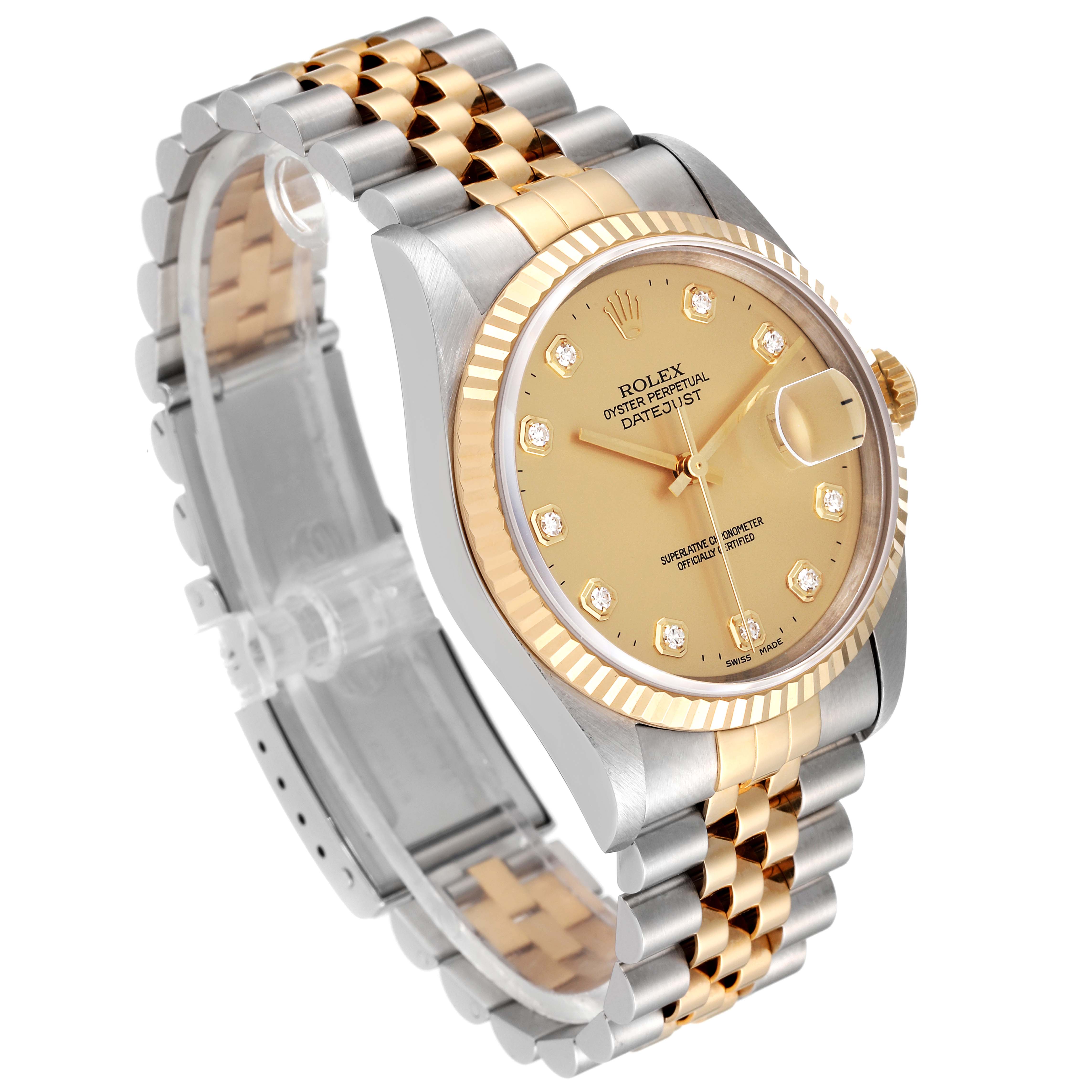 This angle shows the full face and bracelet of the Rolex Datejust 16233 Men's Steel and Gold (two tone) Champagne Dial 16233 Men's Steel and Gold (two tone) Champagne Dial watch, highlighting its two-tone design and diamond markers.