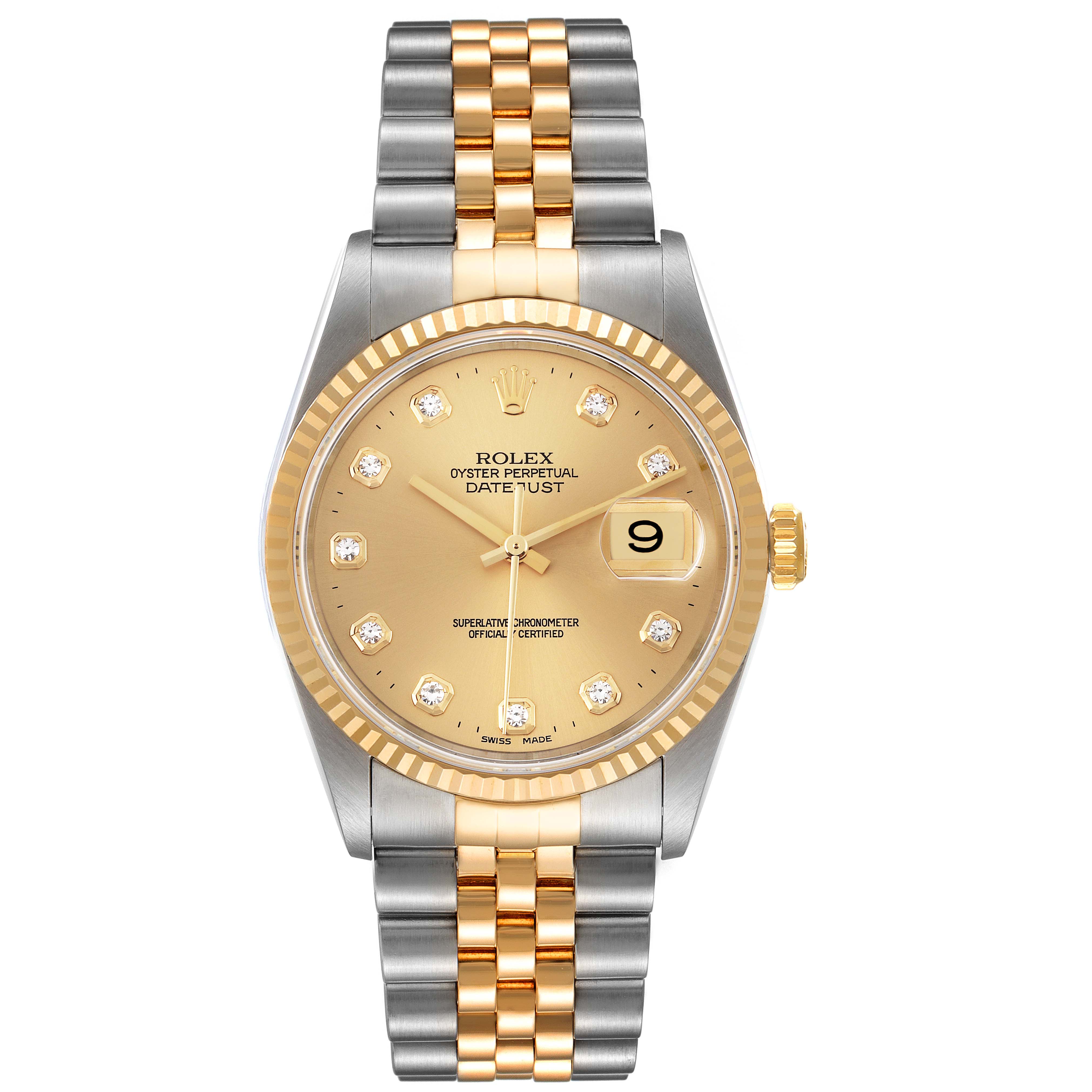The image shows a Rolex Datejust 16233 Men's Steel and Gold (two tone) Champagne Dial 16233 Men's Steel and Gold (two tone) Champagne Dial watch from a front angle, highlighting its gold and silver bracelet, gold dial, and date display.