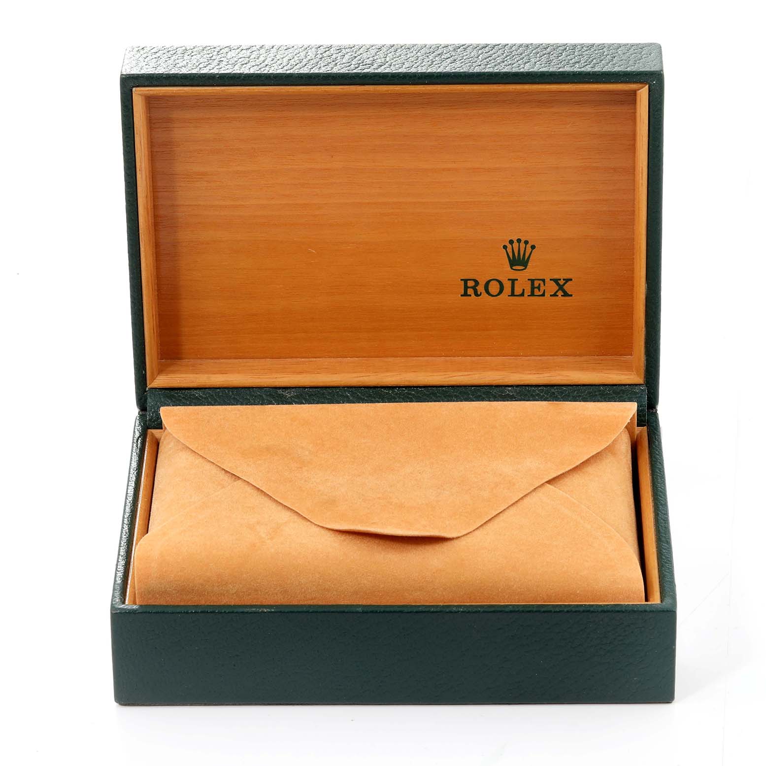 The image shows an open Rolex Datejust 16233 Men's Steel and Gold (two tone) Champagne Dial 16233 Men's Steel and Gold (two tone) Champagne Dial watch box with an empty inner compartment and an envelope inside.