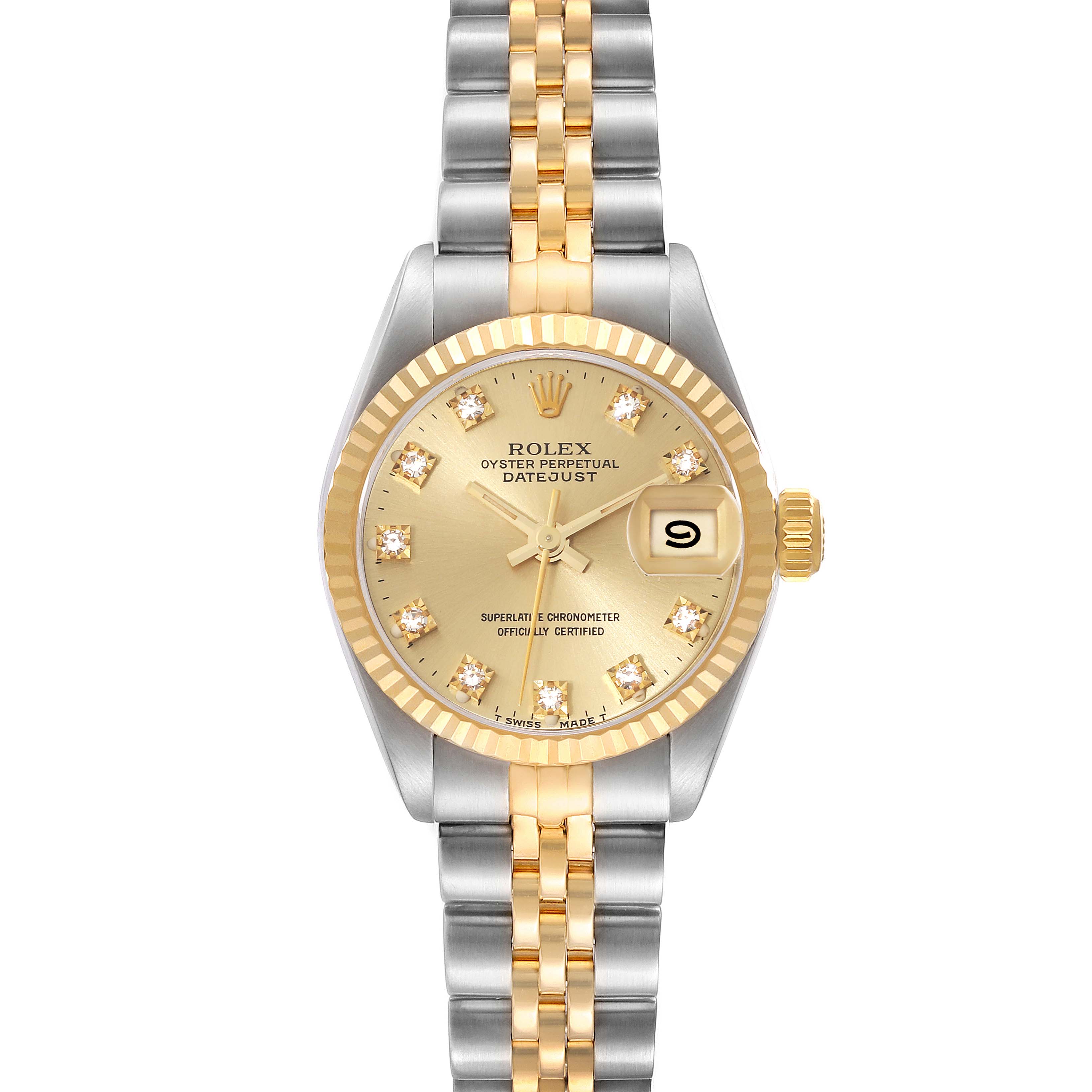The image shows a front view of a Rolex Datejust 69173G Women's Steel and Gold (two tone) Champagne Dial 69173G Women's Steel and Gold (two tone) Champagne Dial watch, highlighting the face, crown, and two-tone bracelet.