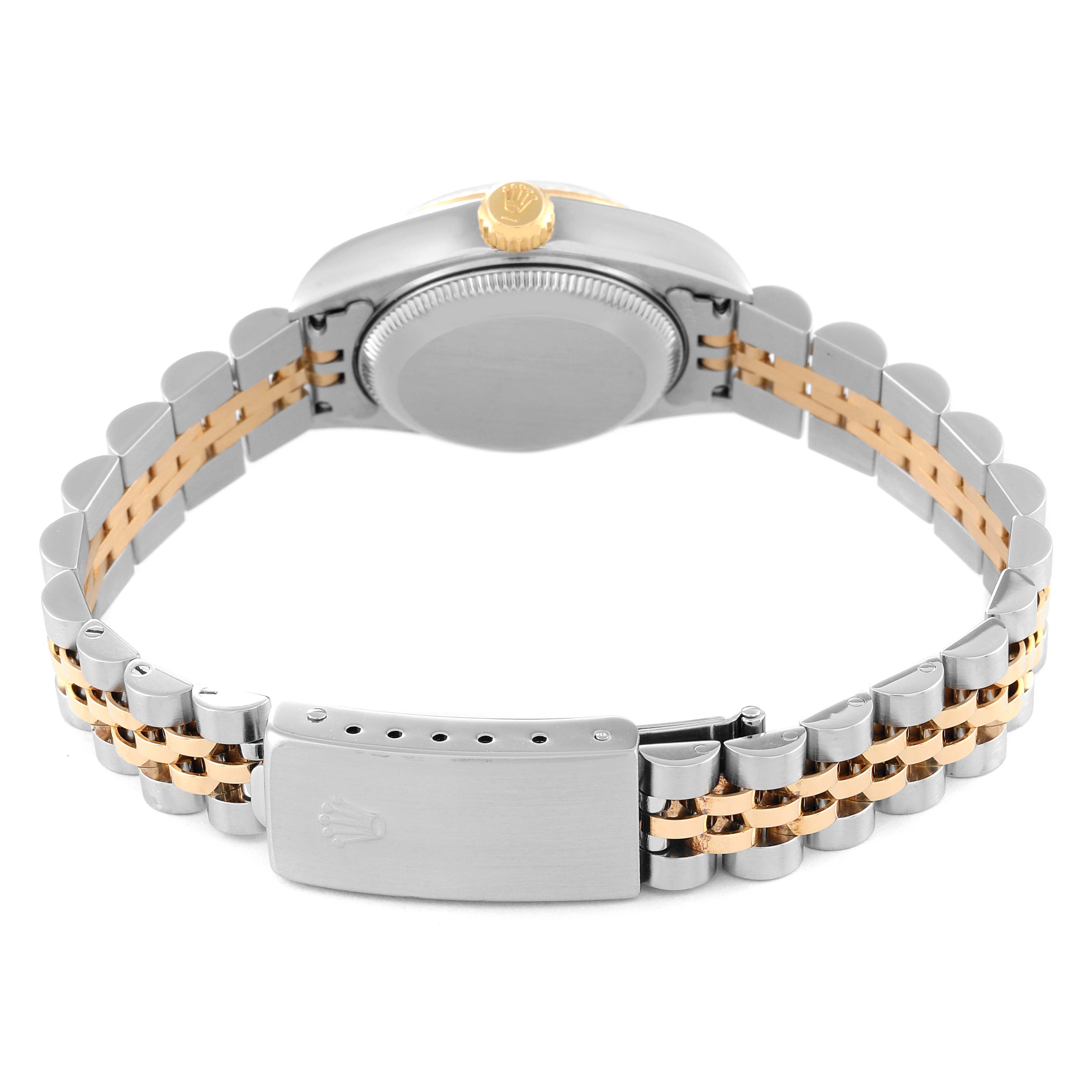 This image shows the back view of a Rolex Datejust 79173 Women
s Steel and Gold (two tone) Champagne Dial 79173 Women
s Steel and Gold (two tone) Champagne Dial watch, highlighting its clasp, case back, and two-tone bracelet.
