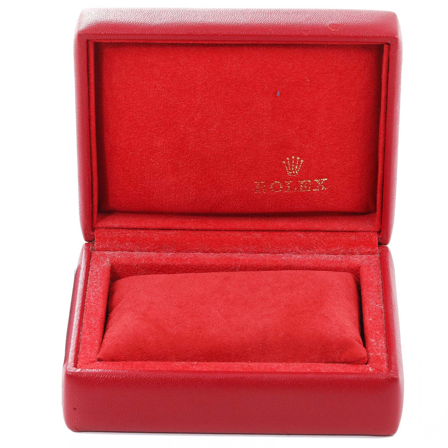 This image shows a red Rolex Datejust 79173 Women
s Steel and Gold (two tone) Champagne Dial 79173 Women
s Steel and Gold (two tone) Champagne Dial watch box from the front, with an open lid revealing the interior pillow.