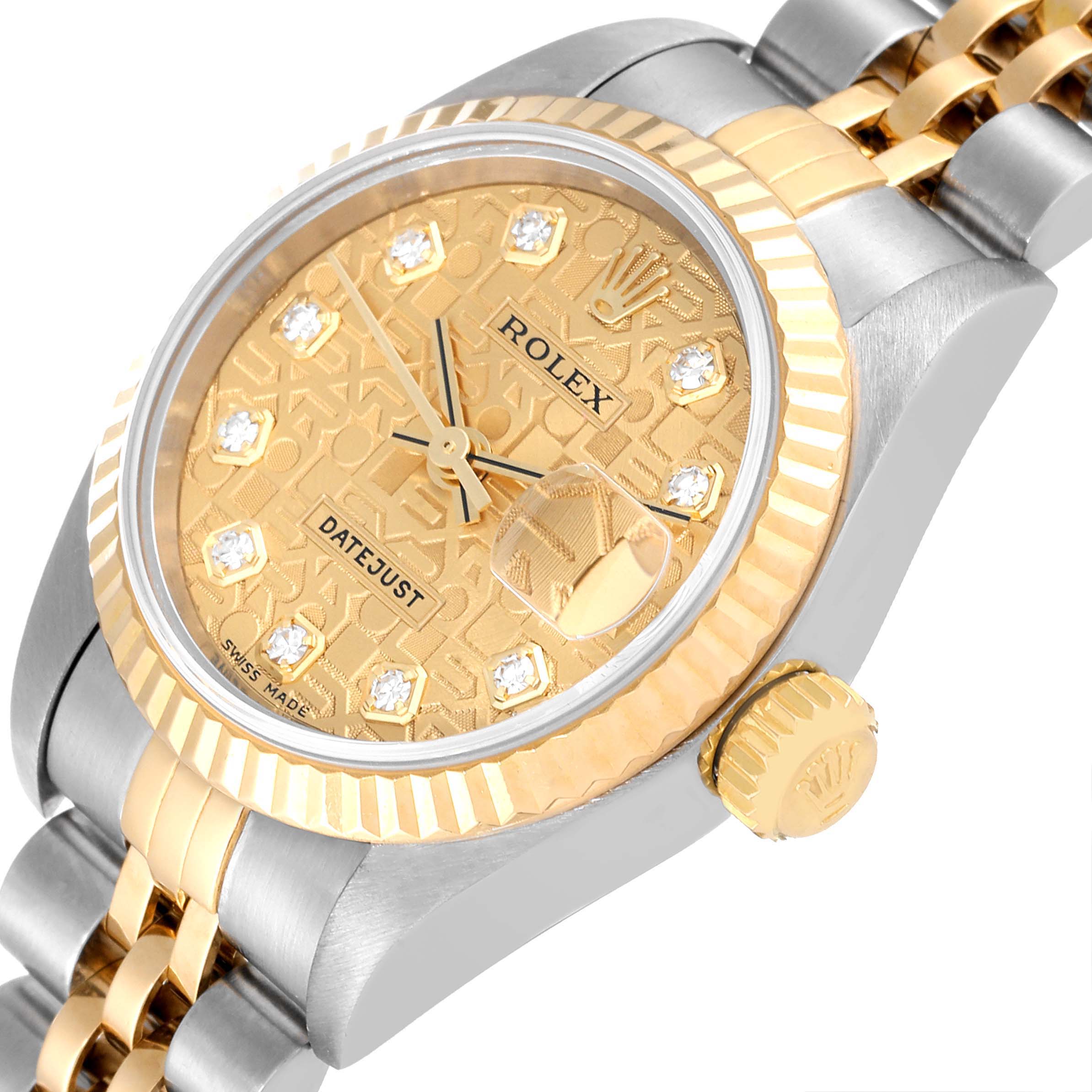 The image shows a close-up angle of a Rolex Datejust 79173 Women
s Steel and Gold (two tone) Champagne Dial 79173 Women
s Steel and Gold (two tone) Champagne Dial watch, highlighting its dial, bezel, crown, and part of the bracelet.