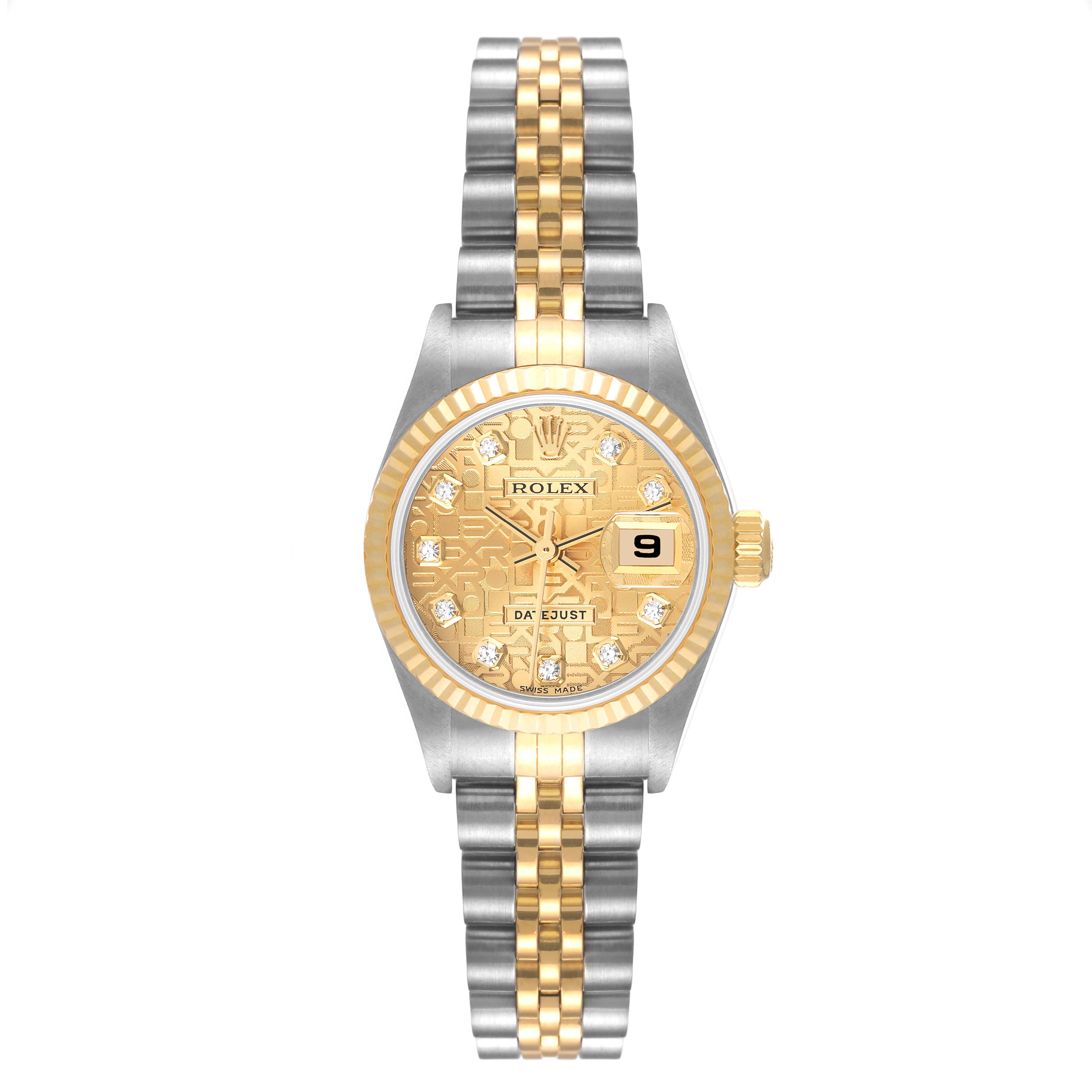 Front angle showing the face, bezel, case, and bracelet of the Rolex Datejust 79173 Women
s Steel and Gold (two tone) Champagne Dial 79173 Women
s Steel and Gold (two tone) Champagne Dial watch.