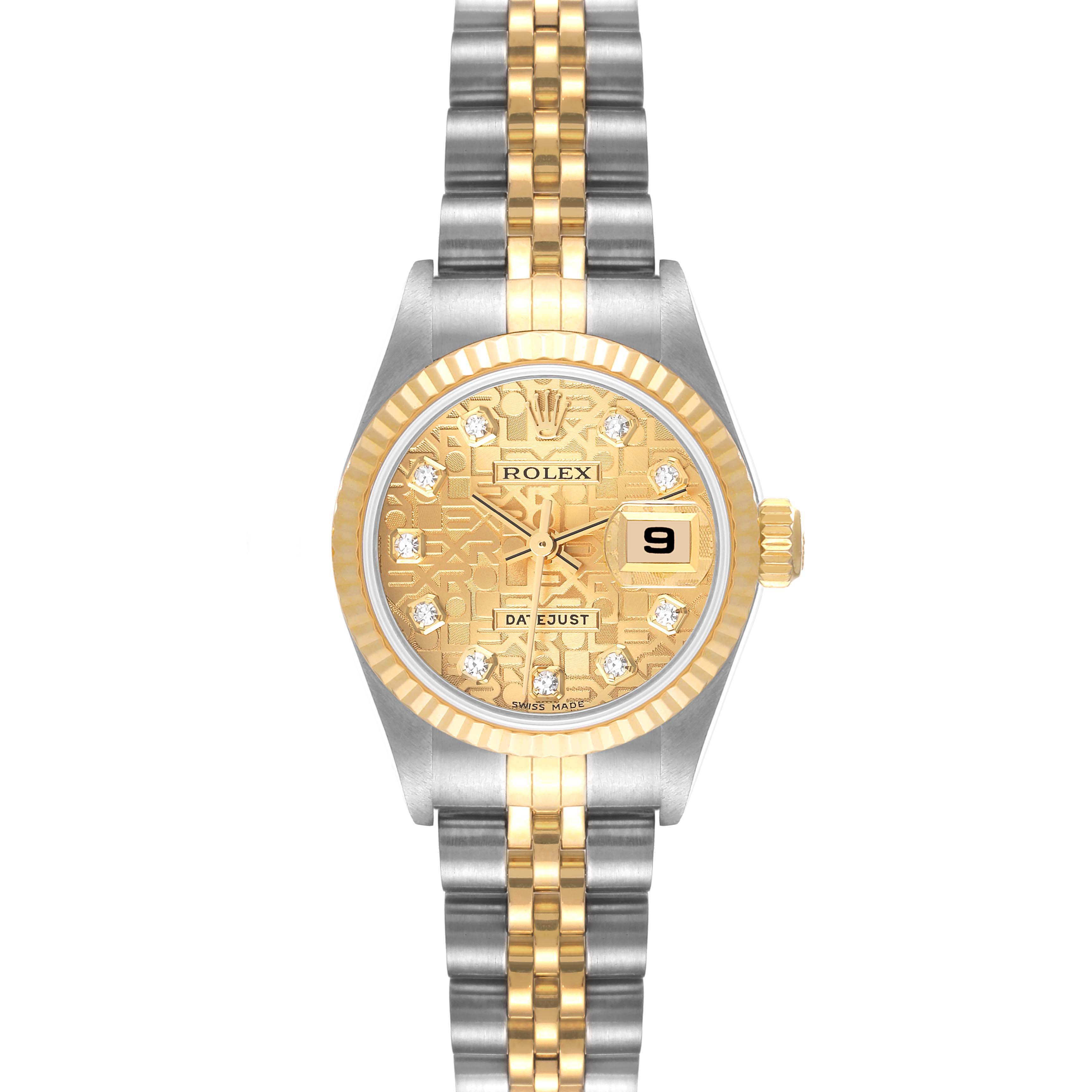 This image shows the front view of a Rolex Datejust 79173 Women
s Steel and Gold (two tone) Champagne Dial 79173 Women
s Steel and Gold (two tone) Champagne Dial watch, featuring a two-tone metal bracelet, gold dial, and date display.